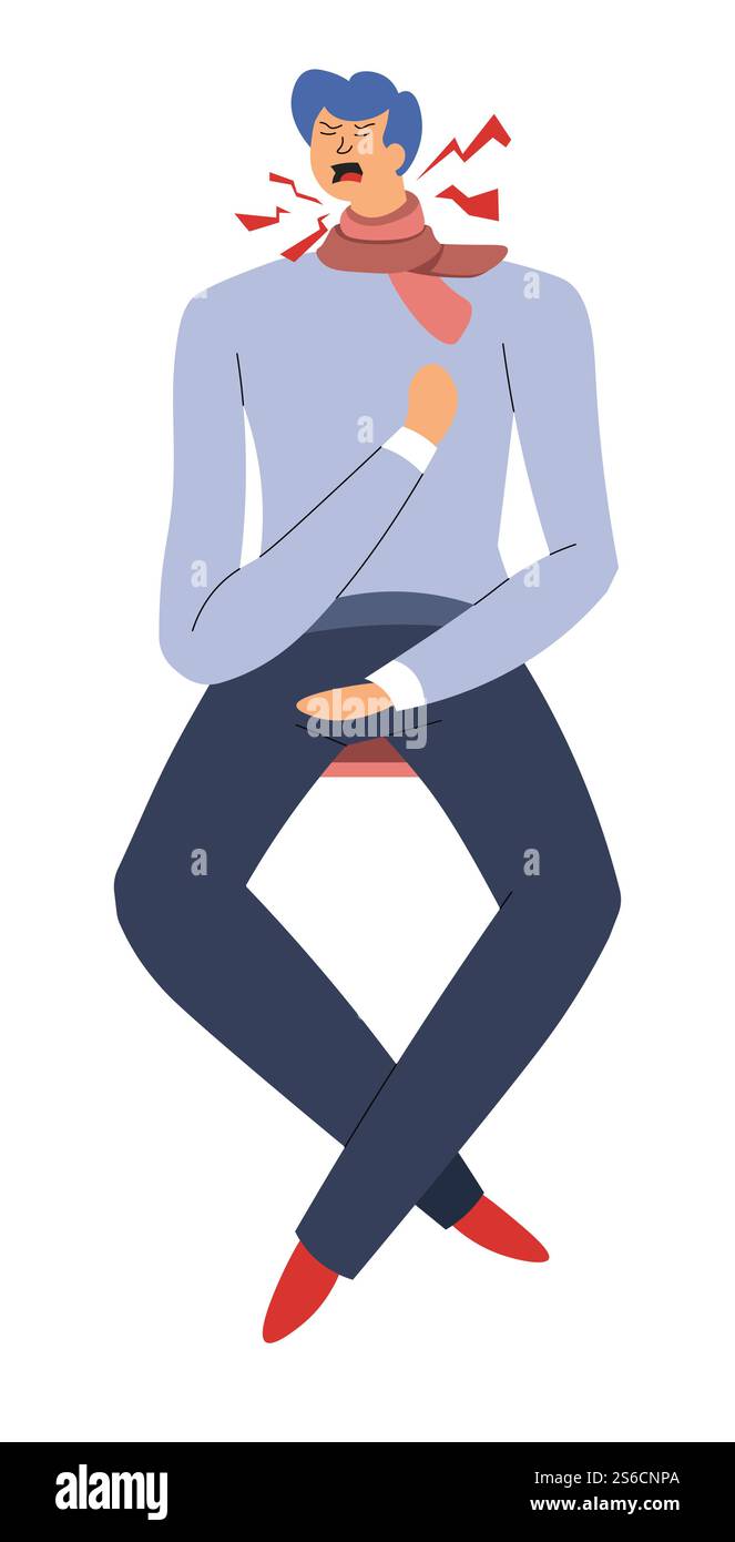 Erkältung oder Grippe, Mann im Schal Husten, Halsschmerzen Krankheit, isolierte männliche Charaktervektor. Laryngitis, Bronchitis oder Tonsillitis, Medizin und Gesundheitswesen. Behandlung von Atemwegserkrankungen, Typ mit Fieber. Mann im Schal Husten, Halsschmerzen, isolierter männlicher Charakter Stock Vektor