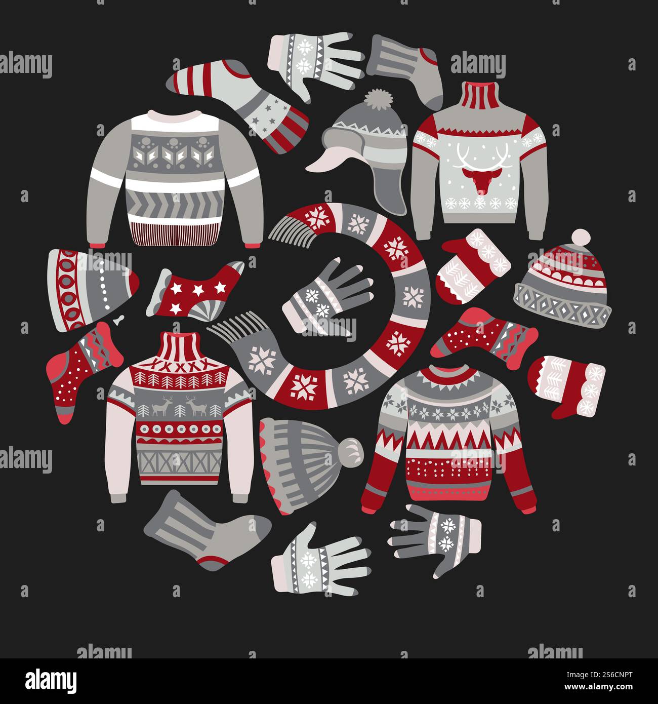 Winterkleidung, Weihnachtsmuster, Pullover und Socken, Hüte und Fäustlinge, Schal Vektor. Warme Kleidung mit norwegischen Ornamenten, Strickwaren oder Strickkleidung. Handgemachte Kleidung und Accessoires, Urlaub. Weihnachten gestrickte Kleidung, Strickwaren mit Ornamenten, Winterzeit Stock Vektor