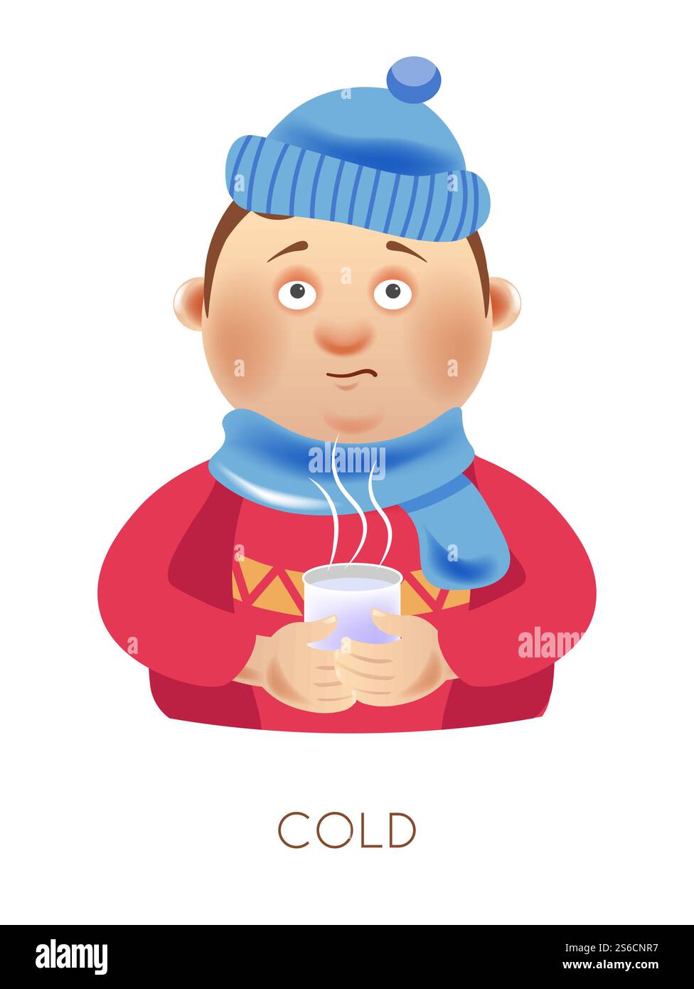Junge im Schal und Hut, der eine Tasse Tee hält, Vektor der kalten Krankheit, isolierter Charakter. Fieber und Krankheitssymptom, Kind trinkt Heißgetränk, Medizin und Behandlung. Gesundheit und Erholung, Kälte. Kalte Krankheit, Junge mit Hut und Schal mit heißem Tee Stock Vektor