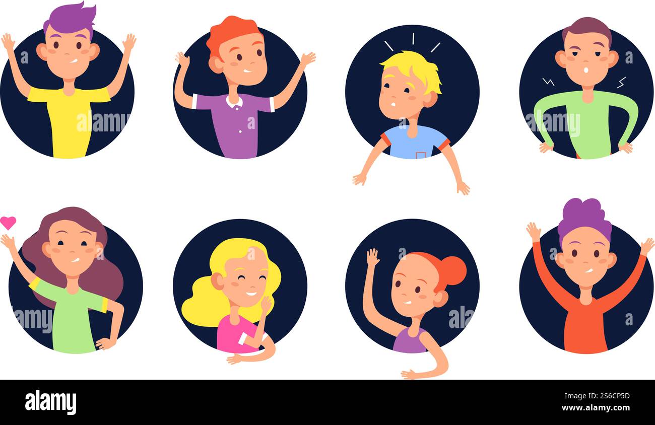 Versteck-Loch-Kinder. Niedliche Affront Kinder Jungen und Mädchen verstecken sich in Wandlöchern flache Vektor Clipart. Illustration eines Lächelns von Jungen und Mädchen im Loch, Charakterkinder anders. Versteck-Loch-Kinder. Niedliche Affront Kinder Jungen und Mädchen verstecken sich in Wandlöchern flache Vektor Clipart Stock Vektor