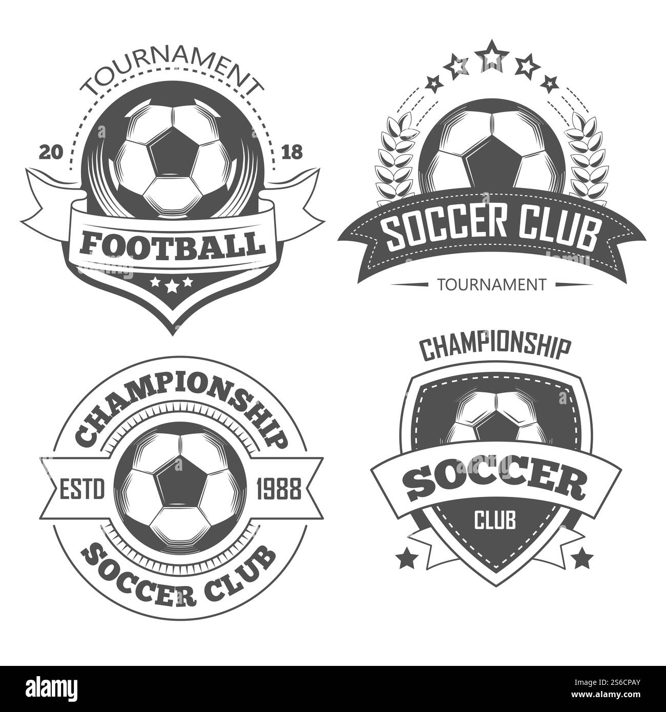 Fußball und Fußball isolierte Ikonen, Team-Logo oder Meisterschaftsembleme, T-Shirt-Print Vektor. Sportturnier, Ball spielen. Lorbeerkranz und Schild, Sportausrüstung und Wettkampfsymbole. Fußball- und Fußballsymbole, Meisterschaftsembleme oder T-Shirt-Muster Stock Vektor