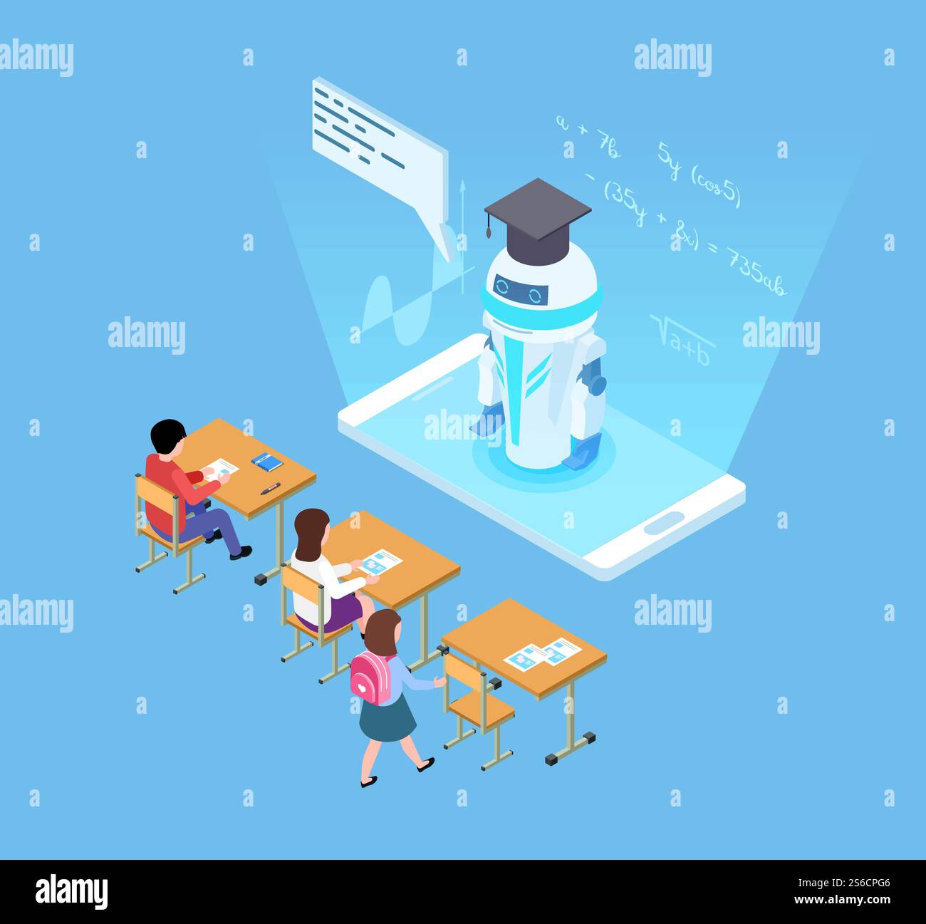 Künstliche Intelligenz im Bildungswesen. Lehrer und Schüler von isometrischen Vektorrobotern. Illustration eines künstlichen Lehrerroboters, Intelligenztechnologie digital. Künstliche Intelligenz im Bildungswesen. Lehrer und Schüler von isometrischen Vektorrobotern Stock Vektor