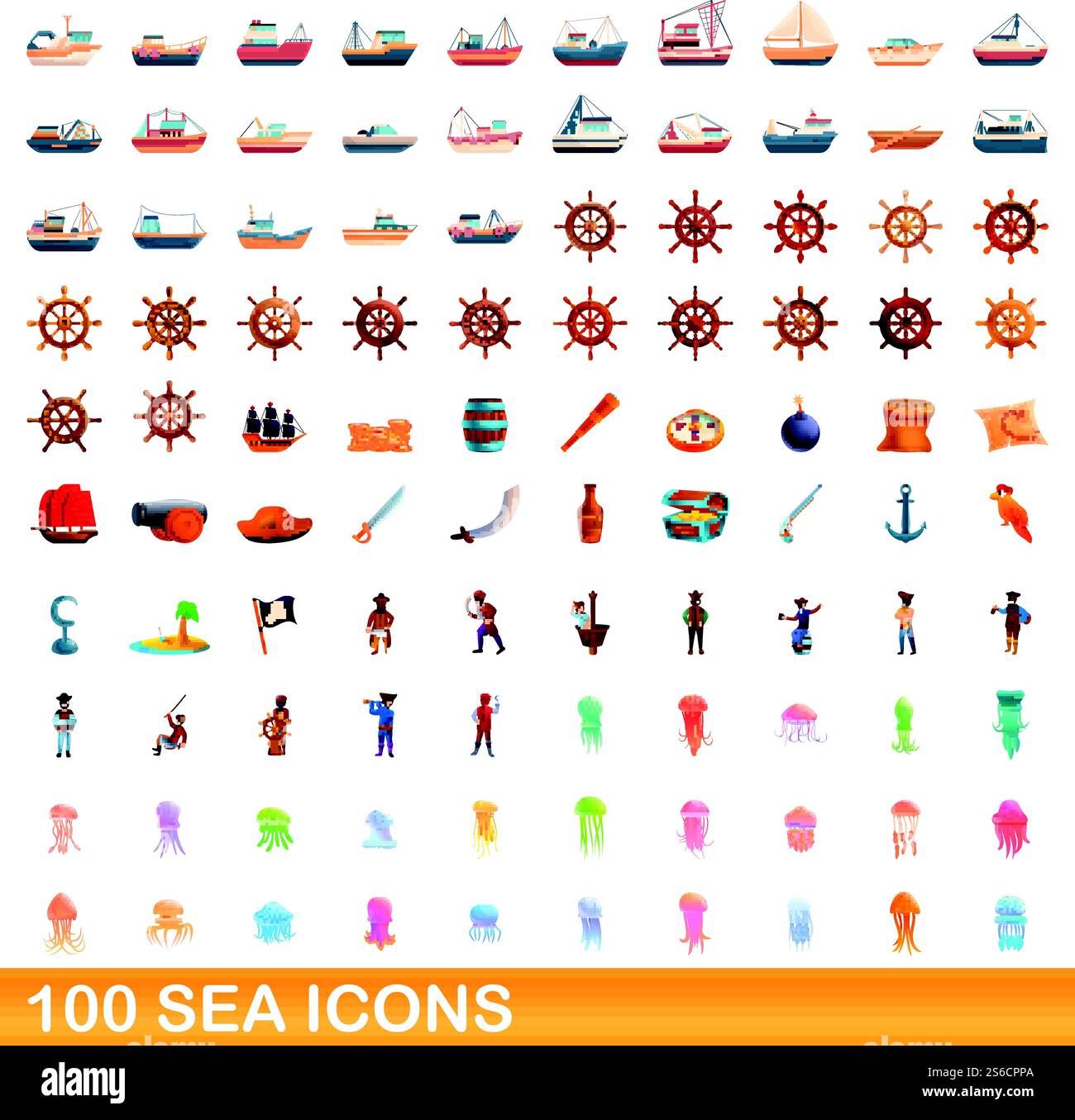 100 SEA-Symbole gesetzt. Zeichentrickillustration von 100 Meer-Ikonen Vektor-Set isoliert auf weißem Hintergrund. 100 Ikonen im Meer, Cartoon-Stil Stock Vektor