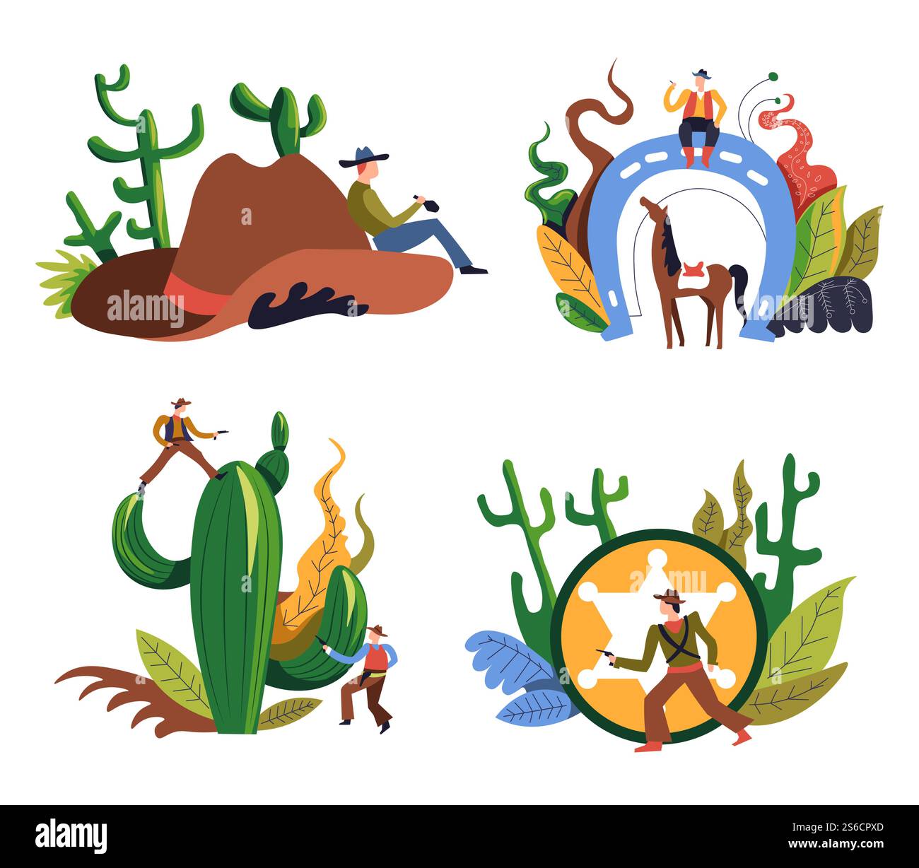 Cowboy isolierte Ikonen, westliche Kriminelle oder Sheriff in Hut, wilde Westen Rodeo Vektor. Männer mit Pistole oder Pistole und Lassoseil, Pferd und Hufeisen. Kakteen und goldenes Ranger-Sternzeichen, texanische Wüste. Cowboys aus dem Wilden Westen, Kriminelle aus dem Westen und Sheriff, isolierte Ikonen Stock Vektor
