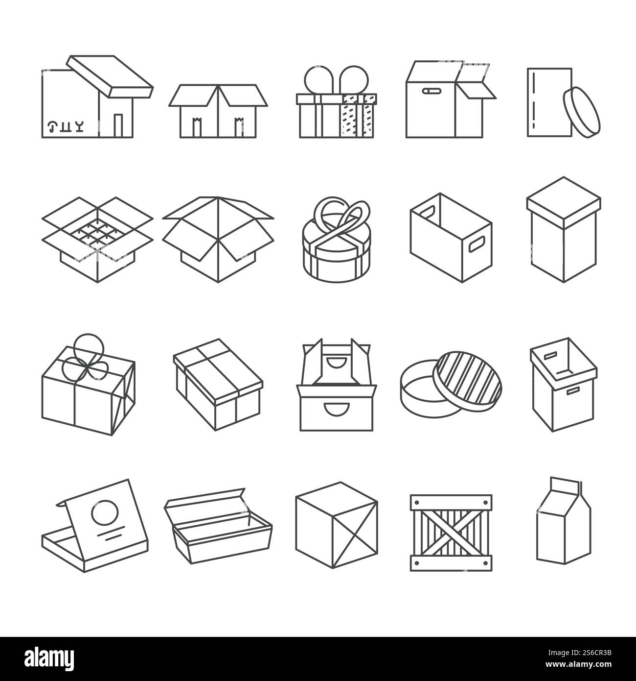 Pakete und Geschenkboxen, Lieferservice, Verpackung isolierte Symbole Vektor. Verpackung Lagerung, Verpackungen für Waren und Materialien, Lebensmittel und Gegenwart. Kartonbehälter, Pizza und Milch, Frachttransport. Verpackung isolierter Symbole, Pakete und Geschenkboxen, Lieferservice Stock Vektor