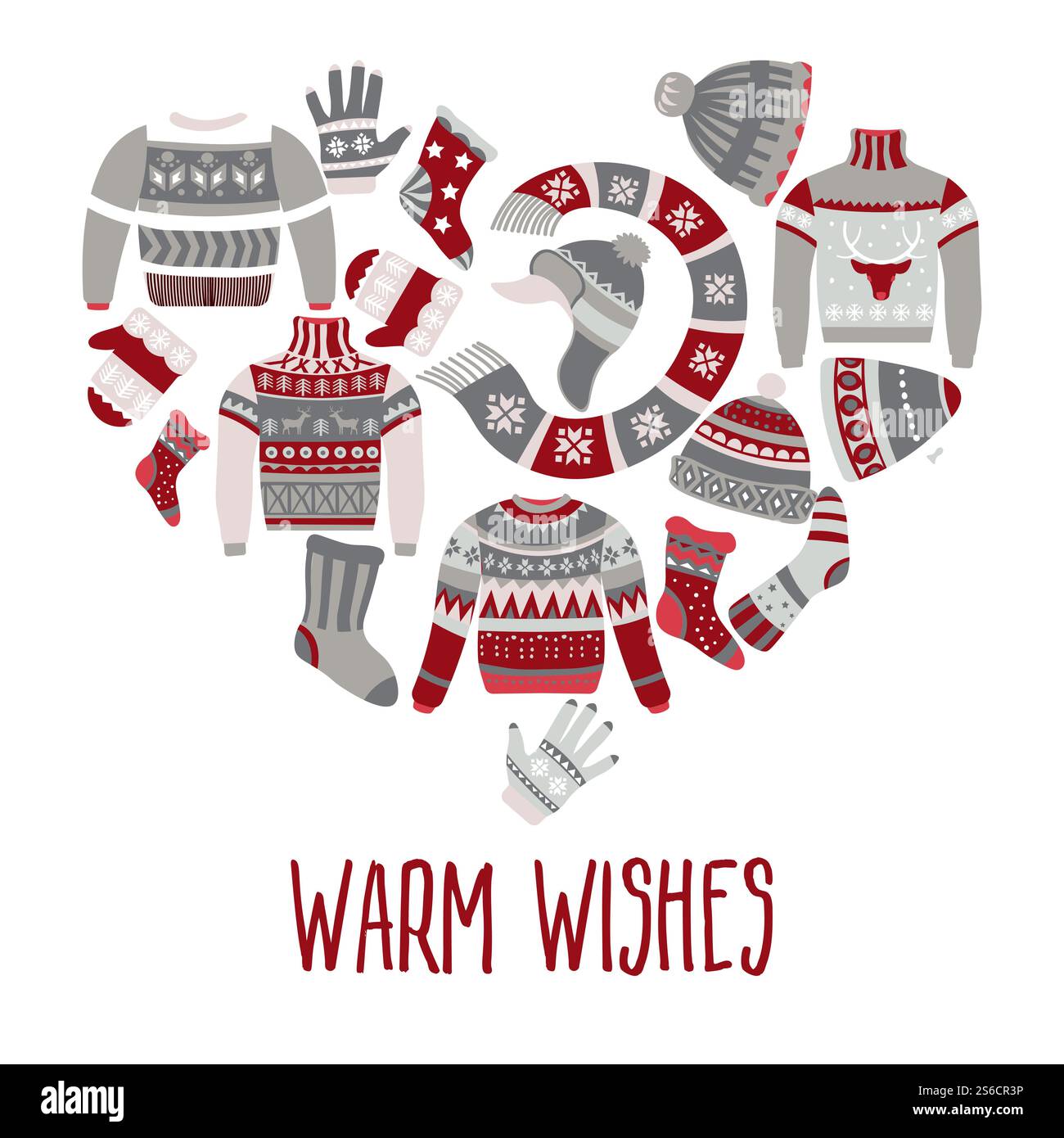 Weihnachtspullover und -Tücher, Winterkleidung, Strickwaren mit Ornament Vektor. Socken, Hüte und Fäustlinge, warme Kleidung mit norwegischen Ornamenten. Handgefertigte Strickwaren und Accessoires, Weihnachtsgeschenke. Pullover und Schal, Hüte und Socken, Weihnachtsmuster auf Strickwaren Stock Vektor