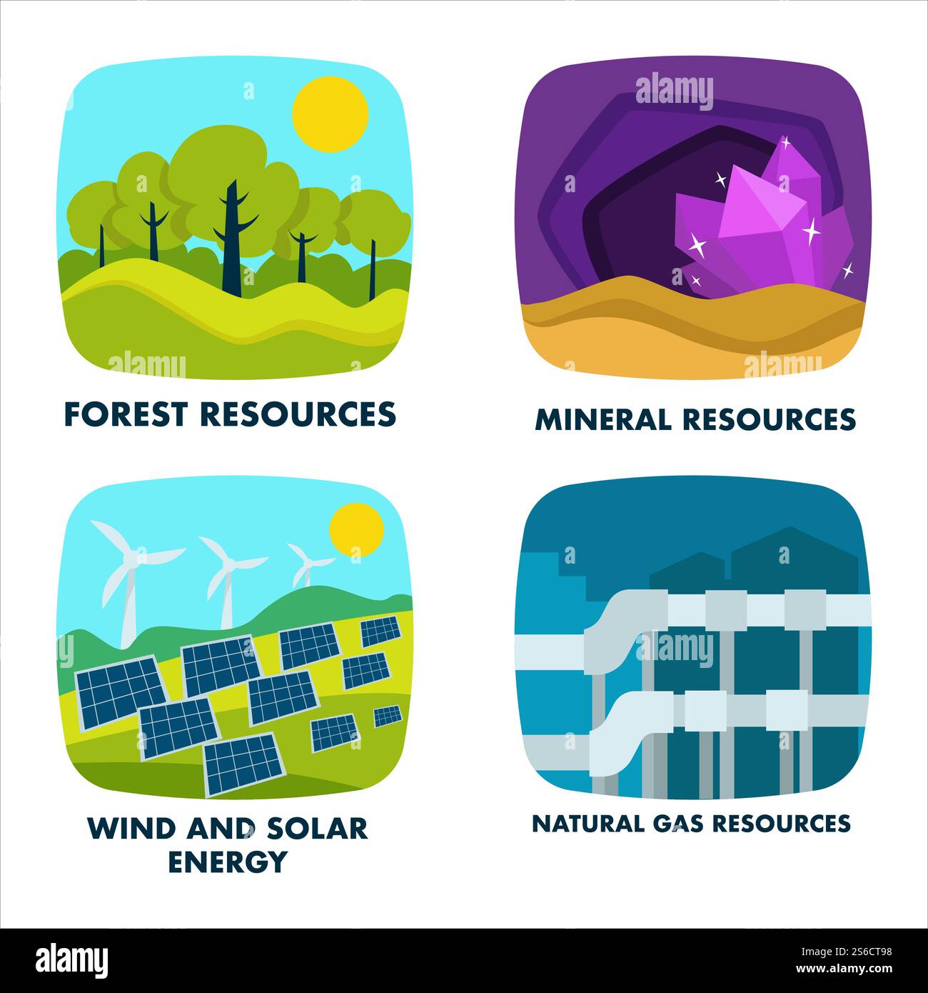 Natürliche Ressourcen isolierte Symbole, Ökologie und Umwelt Vektor. Wald und Mineralien, Wind- und Sonnenenergie, Gas. Ökologische Probleme, endliche oder erneuerbare Quellen, Holz und Kristalle, Öko-Geräte. Ökologie, natürliche Ressourcen isolierte Ikonen, Umweltschutz Stock Vektor