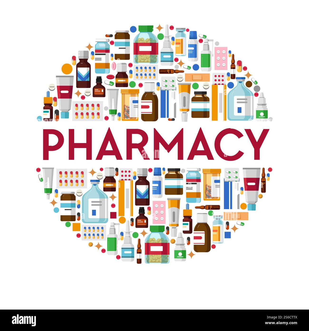 Arzneimittelpillen und -Salben, Hustensaft und Injektionsvektor. Medikamente und Medikamente, Behandlung und Gesundheitswesen, Schmerzmittel und Antibiotika. Tabletten und Vitamine verschreibungspflichtig, Pharmazie. Tabletten und Arzneimittel isolierte Ikonen, Hustensaft und Injektionen Stock Vektor