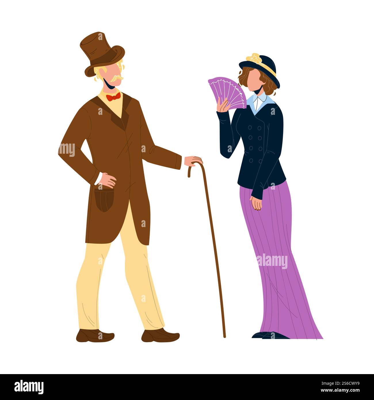 1900 Victorian People Lady Und Gentleman Vector. Viktorianisches Paar Mann Mit Stock Und Frau Mit Fan In Retro-Kleidung. Charaktere Elegante Vintage Kleidung Flache Zeichentrickfigur. 1900 Victorian People Lady Und Gentleman Vector Stock Vektor
