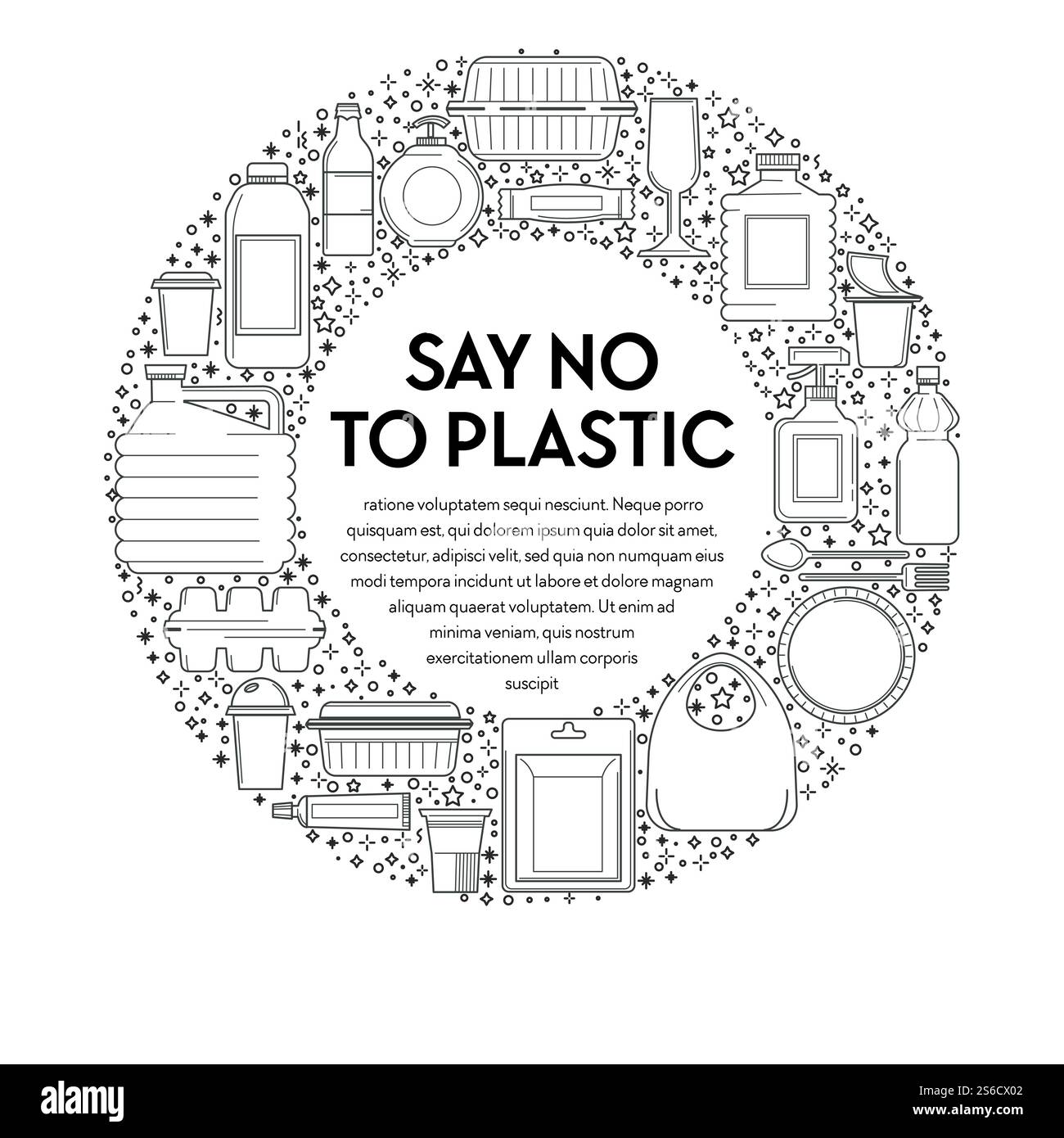 Reduzierung des Kunststoffverbrauchs, Einweggeschirr umreißen Symbole auf Emblem oder Postervektor. Produktbehälter, Flasche und Verpackung, Kanister, Teller und Besteck. Packungen mit synthetischem Material, retten den Planeten. Keine Symbole aus Kunststoff, Recycling und Ökologie, Einweggeschirr Stock Vektor
