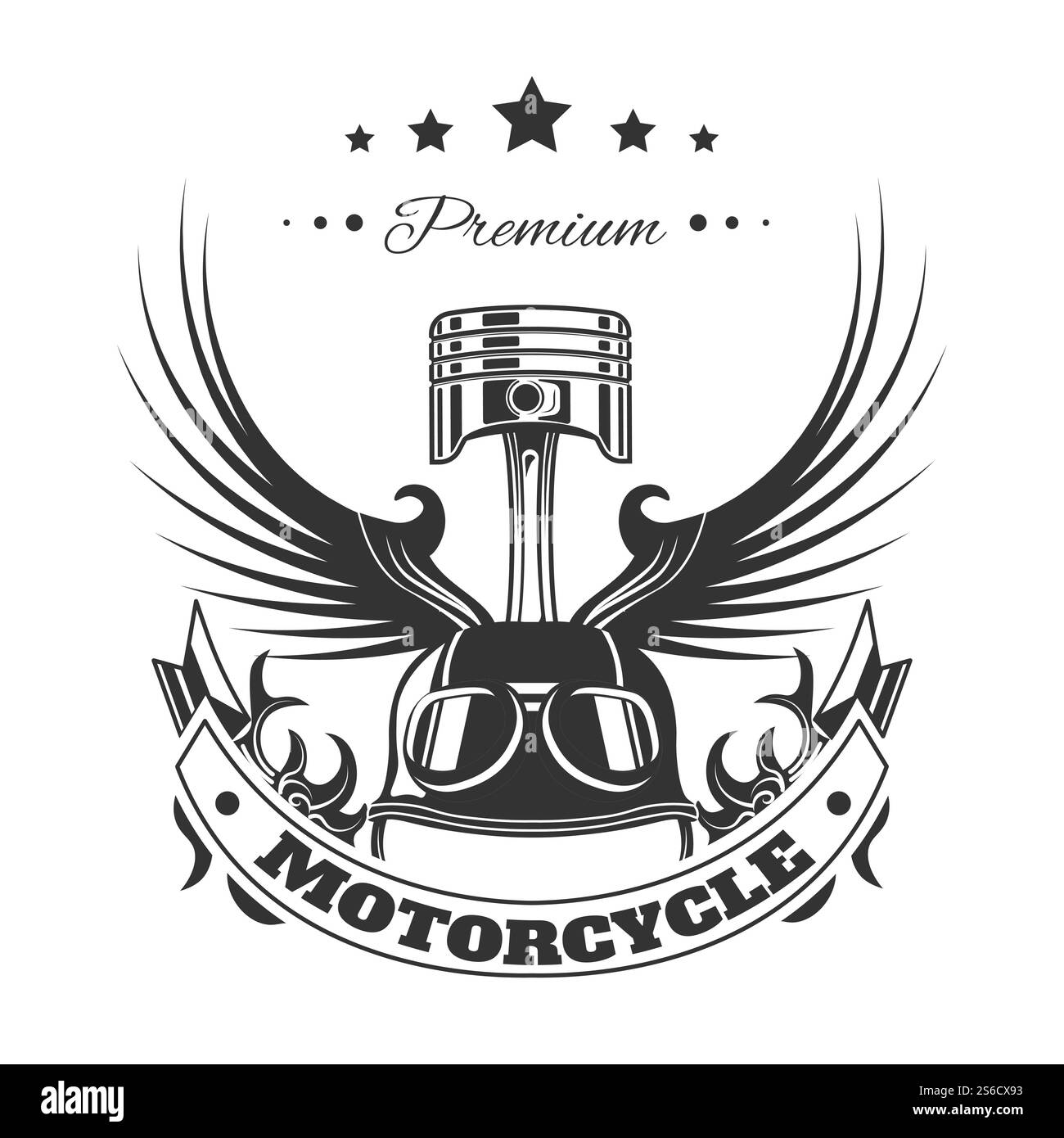 Motorradrennen Club, Biker Community isolierte Ikone oder T-Shirt Pint Vektor. Pistole und Flügel, Helm, extremer Motorradsport, Biker Fahrzeug oder Transport. Fahrradrennen und Reparatur, Ersatzteil. Rennmotorradclub, T-Shirt-Print mit Biker-Emblem Stock Vektor