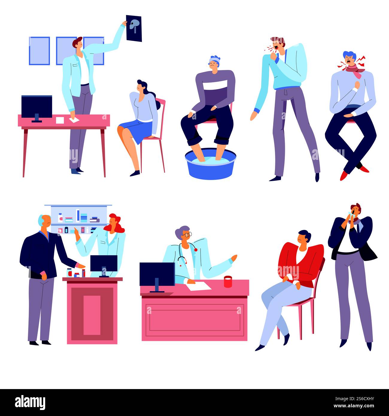 Gesundheitswesen, medizinische Diagnostik, Röntgenakte, Kältebehandlung, Therapeut und Patientenvektor. Arzt mit Stethoskop und Apotheker, Pillen verkaufen in der Apotheke. Niesen und Husten, Fieber und Halsschmerzen. Ärzte und Patienten, Medizin und Gesundheitswesen, Pharmazie und Kältebehandlung Stock Vektor