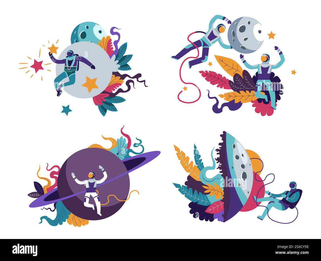 Raumfahrer oder Astronauten und Mond oder Saturn, Weltraum oder Kosmos isolierte Symbole Vektor. Natürliche Satelliten- und fremde Planeten-Erkundung in Druckanzügen. Interstellare Expedition, Schwerkraft und Universum. Astronauten oder Raumfahrer im Weltraum auf Mond oder Saturn, isolierte Ikonen Stock Vektor