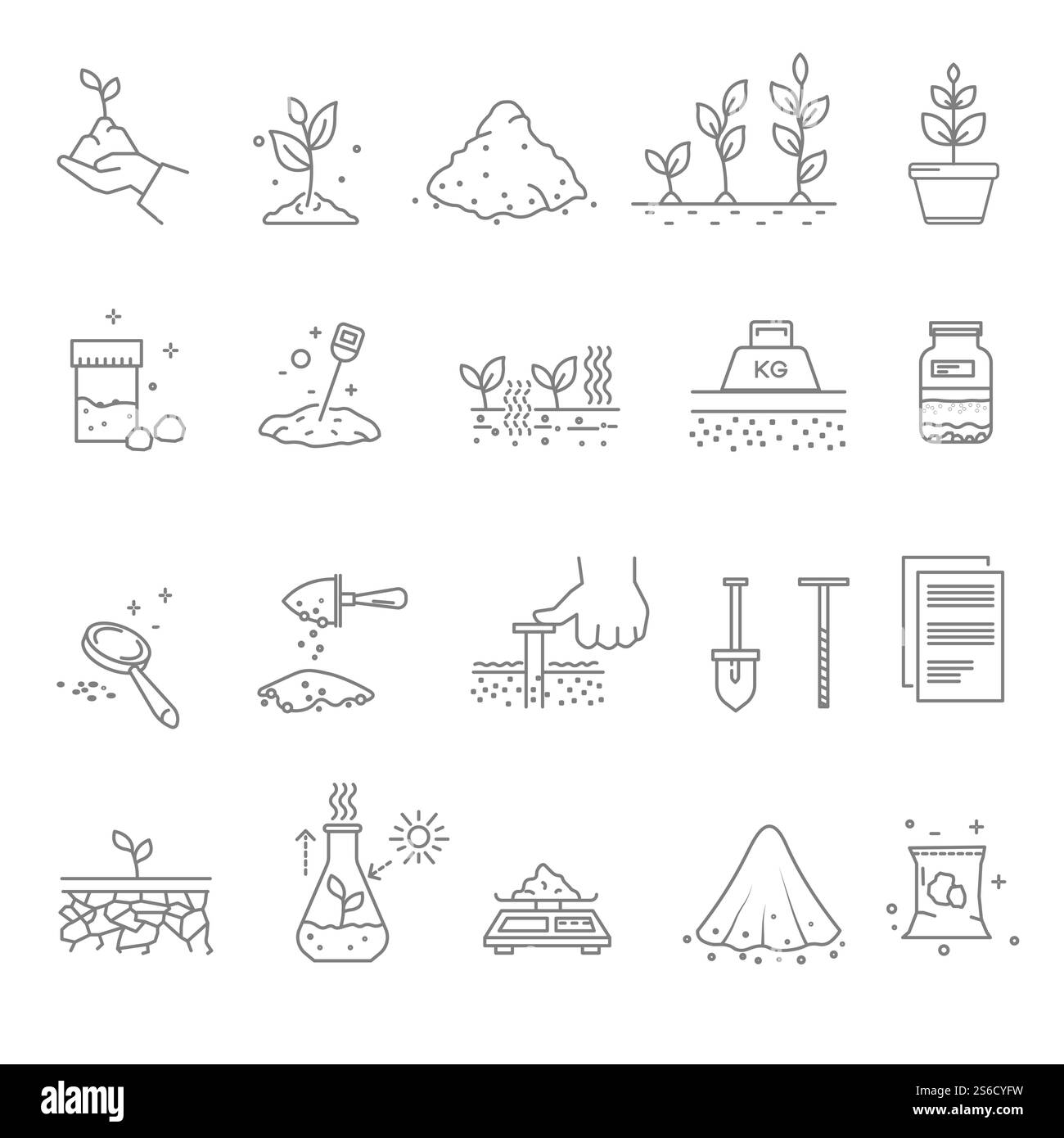 Garten- oder Gartenbau, Landschaftsgestaltung oder Grundierung isolierter Symbolvektor. Bodenprüfung und -Kultivierung, Gartenwerkzeuge und lineare Symbole für den Pflanzenanbau. Graben und langweilig, Geologie und Pflanzen. Grundierungen, Garten- und Gartenbau, Landschaftsgestaltung isolierter Ikonen Stock Vektor