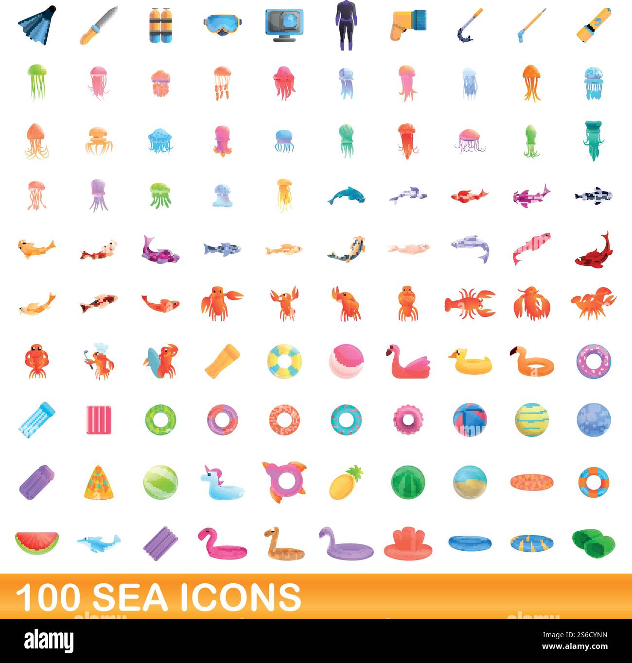 100 SEA-Symbole gesetzt. Zeichentrickillustration von 100 Meer-Ikonen Vektor-Set isoliert auf weißem Hintergrund. 100 Ikonen im Meer, Cartoon-Stil Stock Vektor