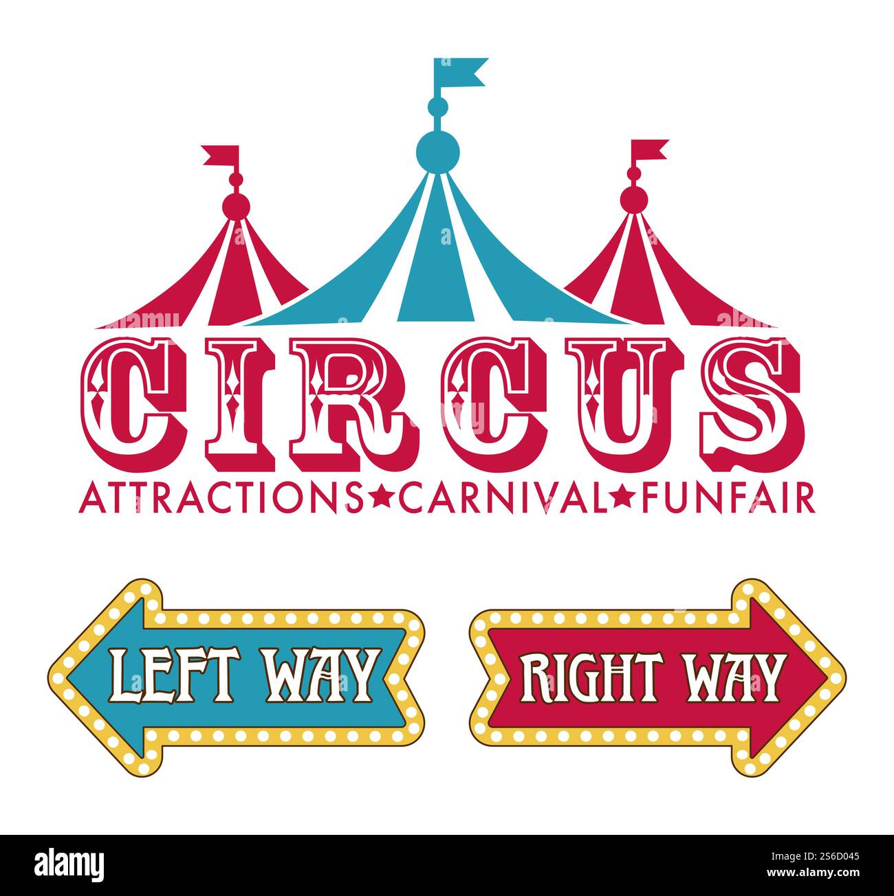Zirkus Karneval isolierte Ikone, Fairground oder Fun Fair Label, isolierte Ikone Vektor. Gestreiftes großes Zelt mit Fahnen, unterhaltsamem Event-Emblem oder Logo. Attraktionen und Show, Richtungszeiger. Karneval und Jahrmarkt, Zirkus isolierte Ikone, großes Top-Zelt Stock Vektor