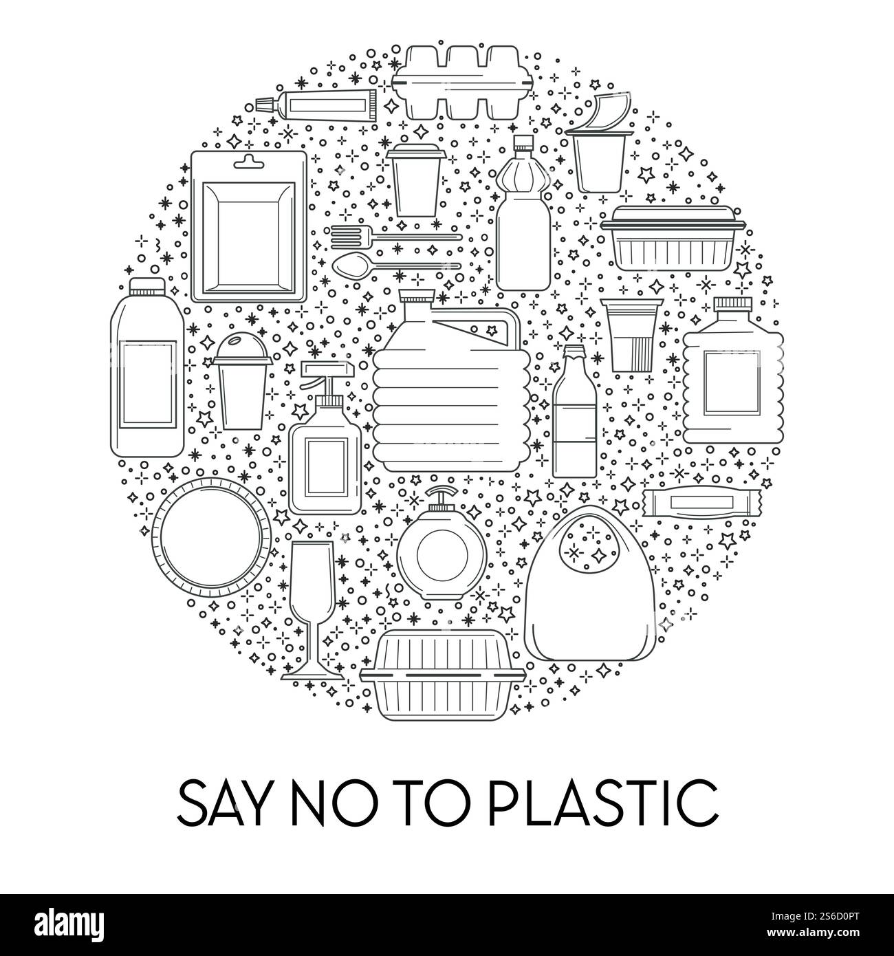 Reduzierung des Kunststoffverbrauchs, Einweg-Geschirr isolierte Umrisssymbolvektor. Produktbehälter, Flasche und Verpackung, Kanister, Teller und Besteck. Mit linearen Schildern, synthetischem Material, Rettung des Planeten. Kein Symbol aus Kunststoff, Einweggeschirr Stock Vektor