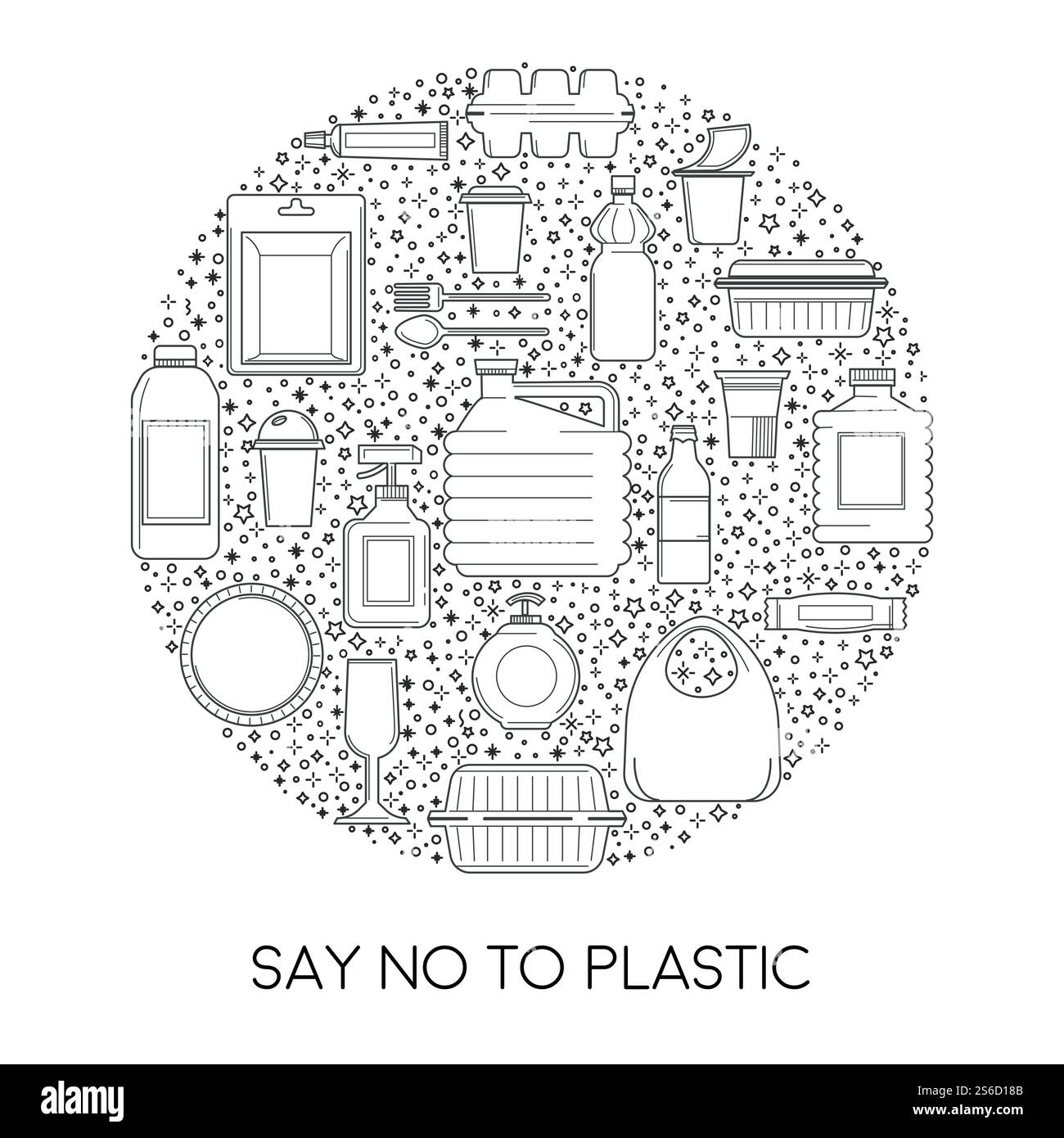 Reduzierung des Kunststoffverbrauchs, Einweg-Geschirr isolierte Umrisssymbolvektor. Produktbehälter, Flasche und Verpackung, Kanister, Teller und Besteck. Mit linearen Schildern, synthetischem Material, Rettung des Planeten. Kein Plastik, Einweggeschirr zur Reduzierung der Verwendung isoliertes Symbol Stock Vektor