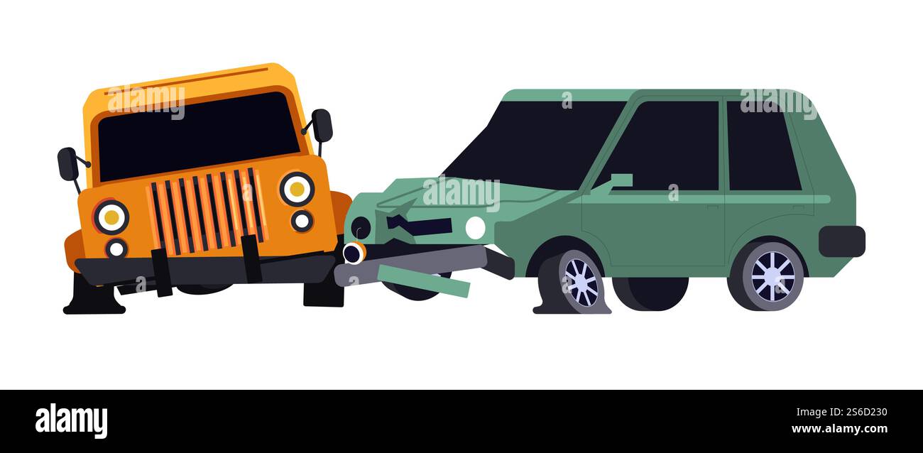 Autounfall, Fahrzeugkollision, Verkehrsunfall und unvorsichtiges Fahren isolierter Symbolvektor. Wrackteile und Schäden an der Autohaube, Versicherungsfall. Verkehrs- und Verkehrsregeln Gewalt, Autos zerschlagen. Fahrzeug Kollision oder Autounfall isoliertes Symbol, fahrlässiges Fahren Stock Vektor