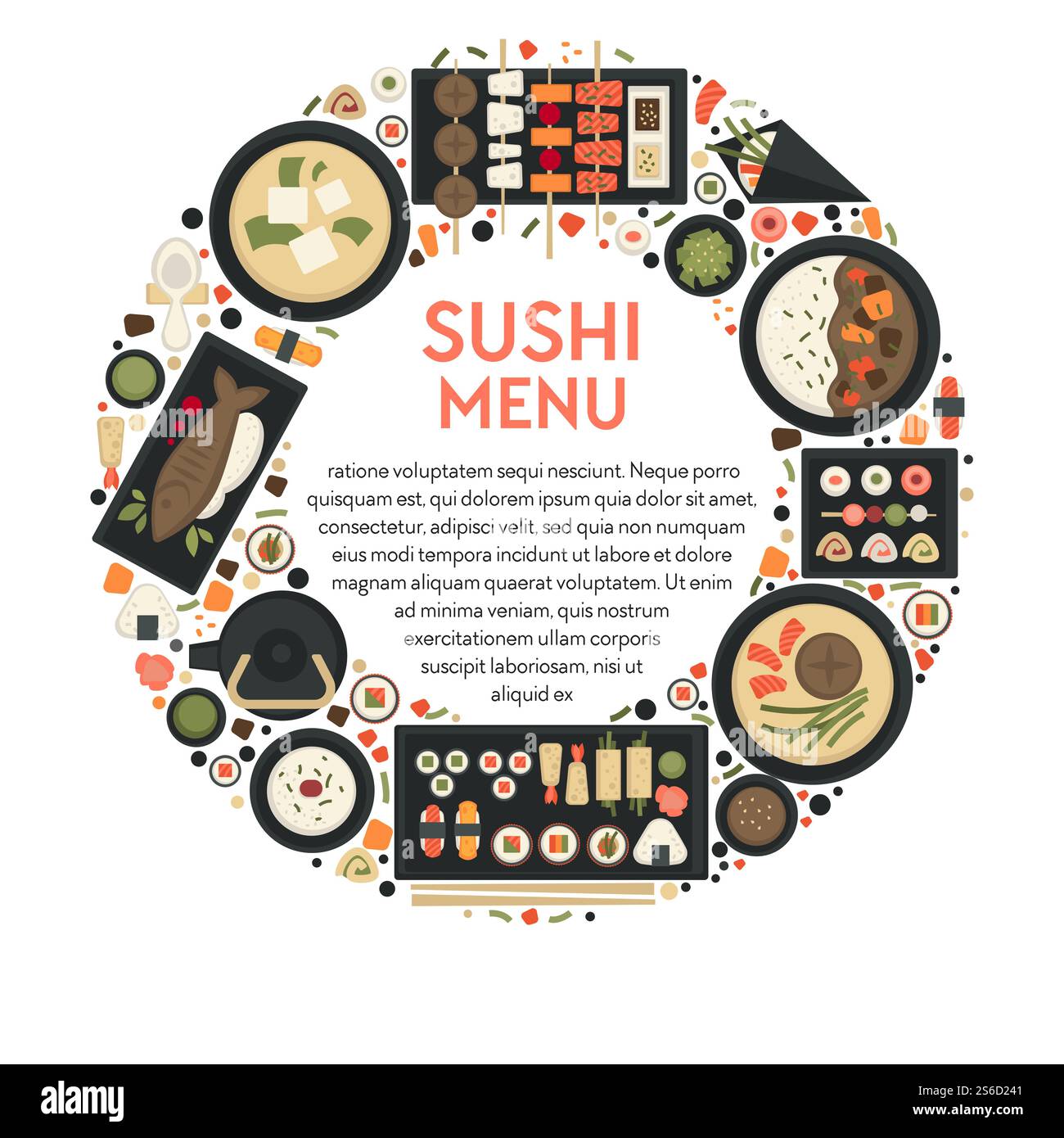 Sushi-Menü, Banner für japanische Küche mit Ikonensammlung im Kreis und Text. Brötchen Set, Teller Reis, Sojasauce, gebackener Fisch oder Spieße, Miso-Suppengerichte, Blick von oben. Vektorabbildung... Sushi-Menü-Banner mit Ikonen der japanischen Küche im Kreis Stock Vektor