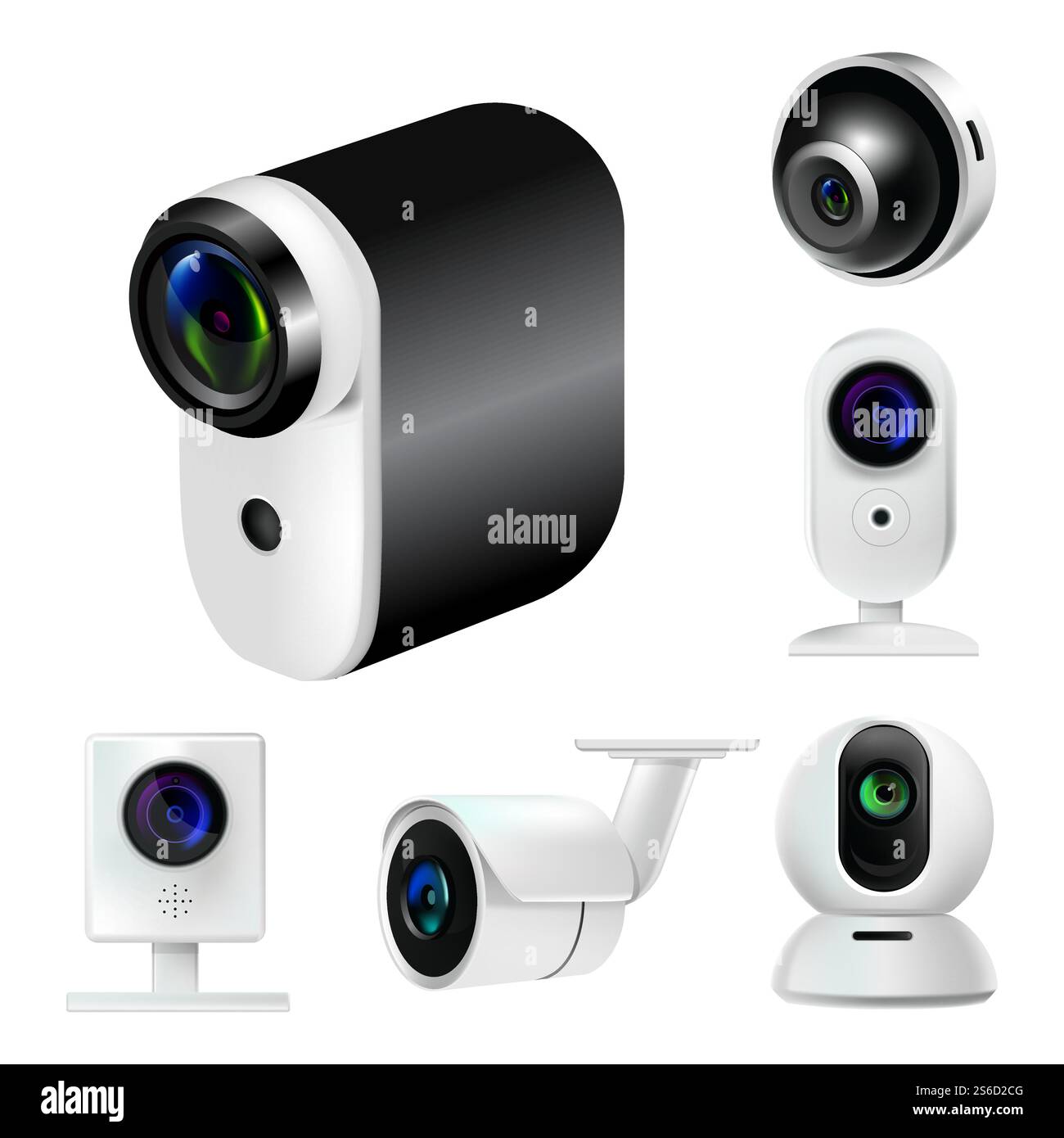 Überwachungskameras oder CCTV-Kameras, GoPro und 360 Vektoren isolierter Geräte. Überwachung und Kontrolle des Gebiets oder der Räumlichkeiten, Filmaufnahmen von Aktionen, Sicherheitsmaßnahmen. Virtual-Reality-Ausrüstung, moderne Technologie. 360 und GoPro Digitalkameras, Überwachungssystem und Virtual-Reality-Ausrüstung Stock Vektor