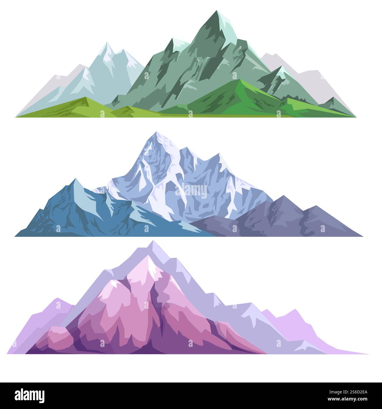 Landschaftsbauset. Berge in verschiedenen Formen, Farben. Hohe schneebedeckte Gipfel und felsige Landschaften. Sammlung von Naturelementen für Landschaftsgestaltung. Farbenfrohe grafische Vektorillustration... Landschaftsbauer mit Bergen in verschiedenen Farben Stock Vektor