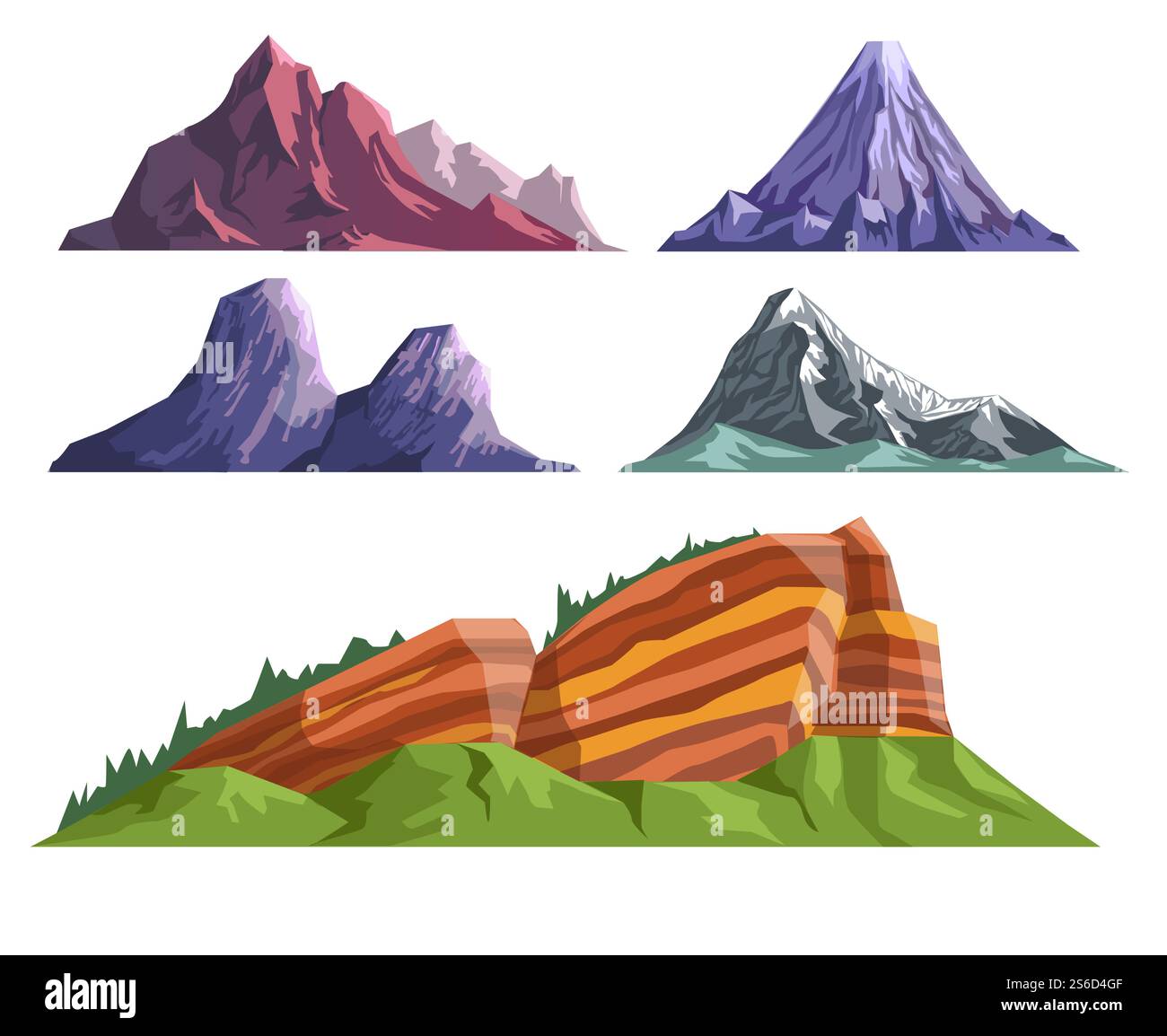 Landschaftsbauer mit Bergen in verschiedenen Formen und Farben. Hohe schneebedeckte Gipfel, felsige Landschaften, schlafender Vulkan oder steile Klippen. Kollektion für Landschaftsgestaltung in der Natur. Vektorabbildung... Landschaftsbauer mit verschiedenen Bergen und schlafendem Vulkan Stock Vektor