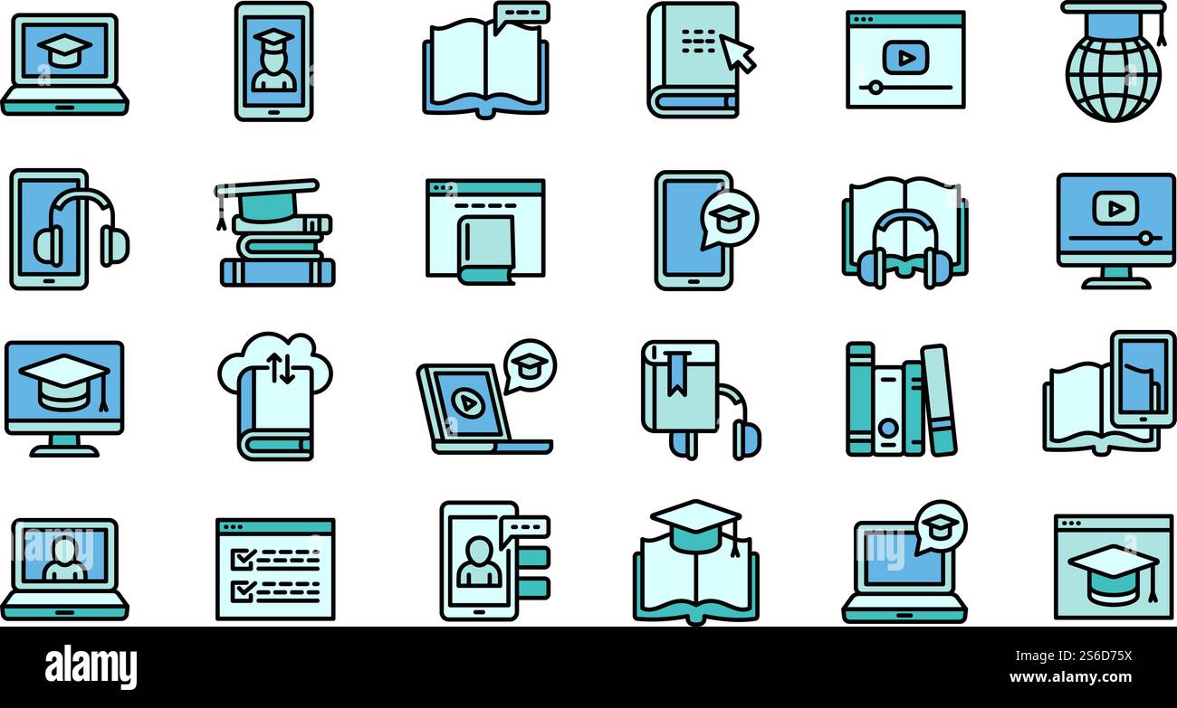 Interaktive Lernsymbole festgelegt. Kontursatz interaktiver Lernvektorsymbole für Webdesign isoliert auf weißem Hintergrund. Set interaktiver Lernsymbole, Umrissstil Stock Vektor