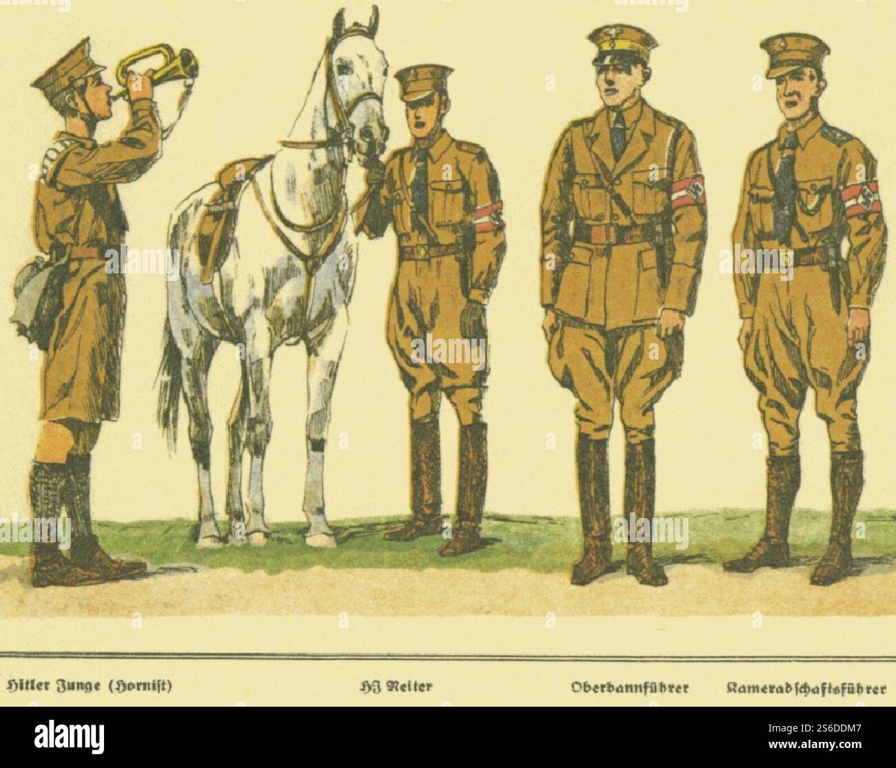 G Lebrecht Uniformen Abzeichen Fahnen der NSDAP Stahlhelmbund usw CA 1932 21 Tafel 11 Hitlerjungen HJ-Führer. HJ Hitlerjugend Hitler Junge Hornist Reiter Oberbannführer Nazi-Partei paramilitärische Uniformen Hitler-Jugend-Propaganda-Heft. Stockfoto