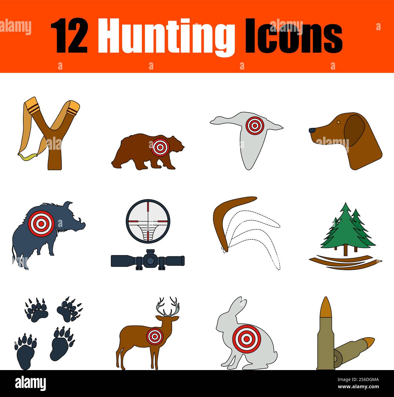 Symbol Für Jagd Eingestellt. Flaches Design Mit Konturen, Die Bearbeitet Werden Können. Vektorgrafik. Stock Vektor