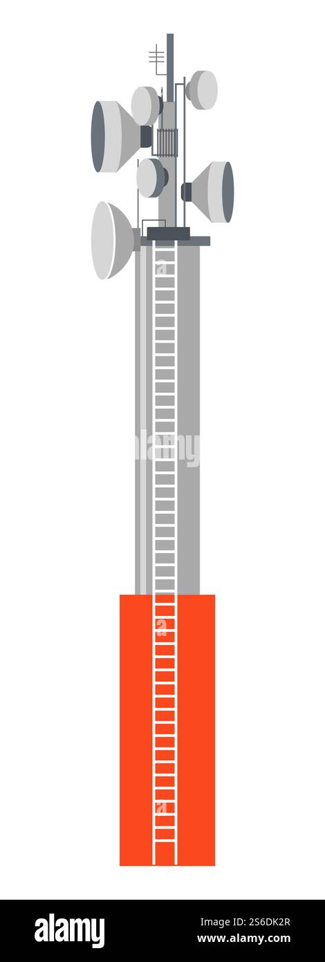 Signalgeber Turmstation oder Radar mit Drähten und Schüsseln. Städtische Infrastruktur, Satellit für Telekommunikation. Telefon- oder Internetverbindung, Sendeantennen-Vektor in flacher Ausführung. Signalempfänger der Turmstation und Fernmelderadar Stock Vektor