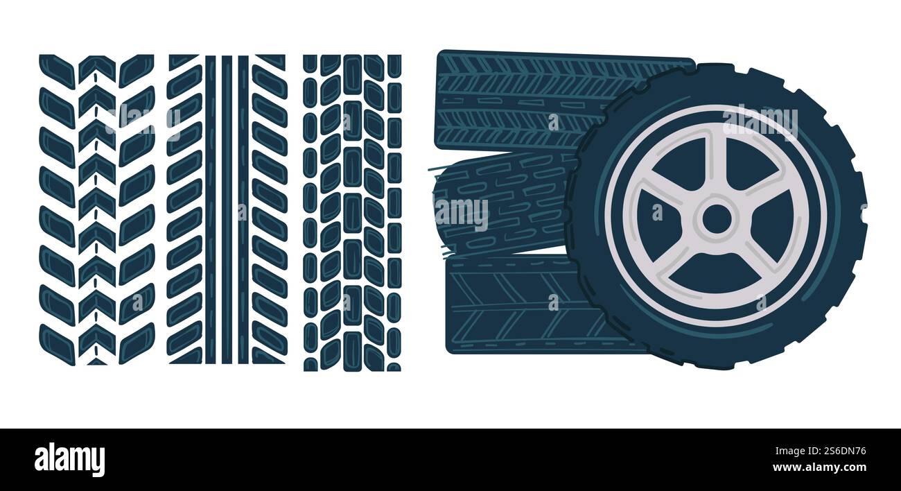 Spuren von Gummireifen, isolierten Autoreifen mit Scheiben und Abdrücken auf weiß. Fahrzeugwartung oder Transportlager. Geländespuren des Traktors, Vektor in flacher Form drucken. Autoreifen mit matschigen Spuren auf weißem Motocross Stock Vektor