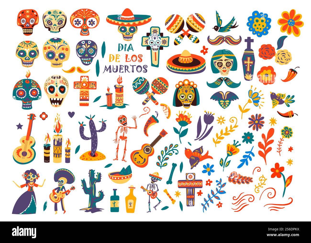 Tag des toten mexikanischen Feiertags, isolierte Schädel und Sombrero. Dia de los muertos Symbole und Symbole. Blumen und Musiker mit Akustikgitarre, Kakteen- und Tequila-Flasche, Kreuz und Maracas-Vektor. Dia de los muertos, kulturelle Symbole und Ikonen Stock Vektor