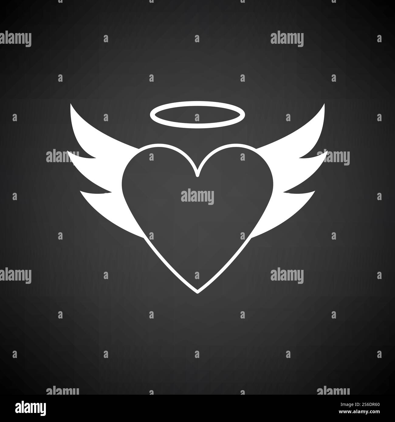 Valentine Herz Mit Flügeln Und Halo-Symbol. Weiß auf schwarzem Hintergrund. Vektorgrafik. Stock Vektor