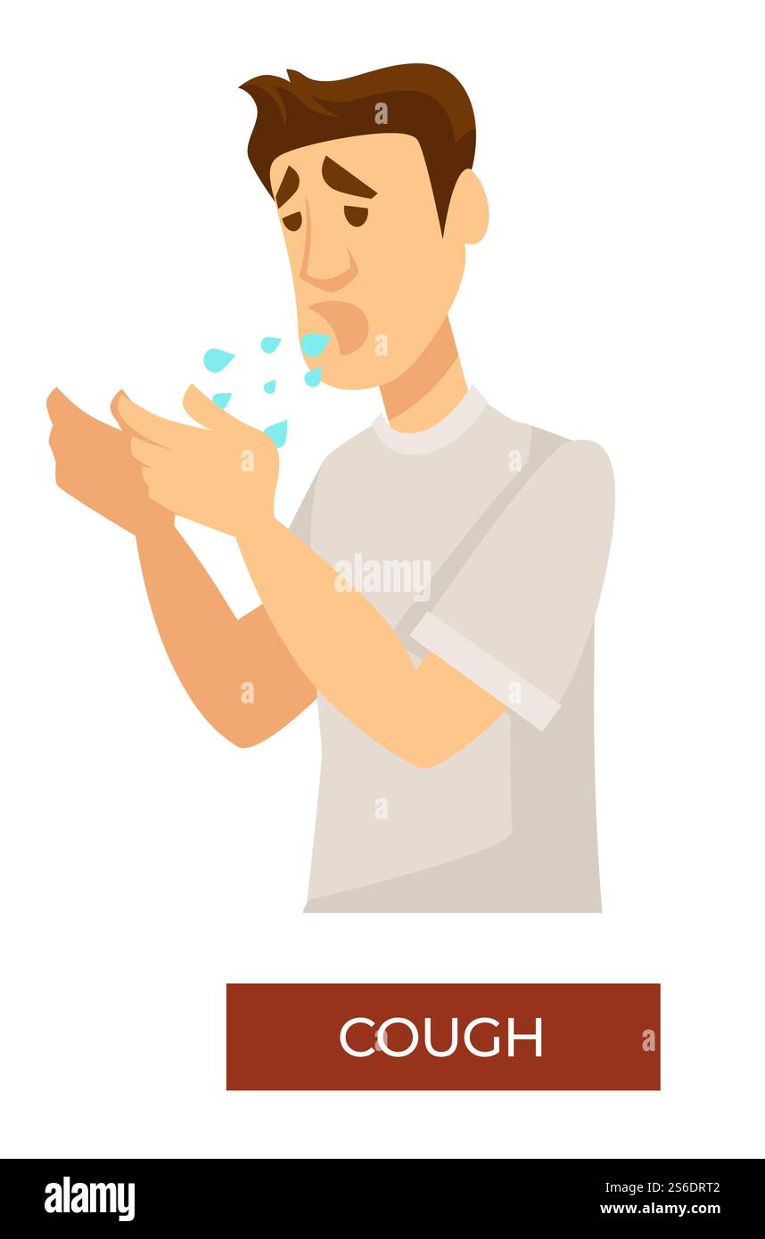 Kranker Mann Husten an den Händen, männlicher Charakter mit Symptomen des Coronavirus, Infektion oder Allergie. Atemwegserkrankungen, die durch die Luft übertragen werden, Viruserkrankung der Persönlichkeit. Sich ausbreitender Bakterienvektor. Hustensymptom einer Atemwegserkrankung, Allergie oder Coronavirus Stock Vektor