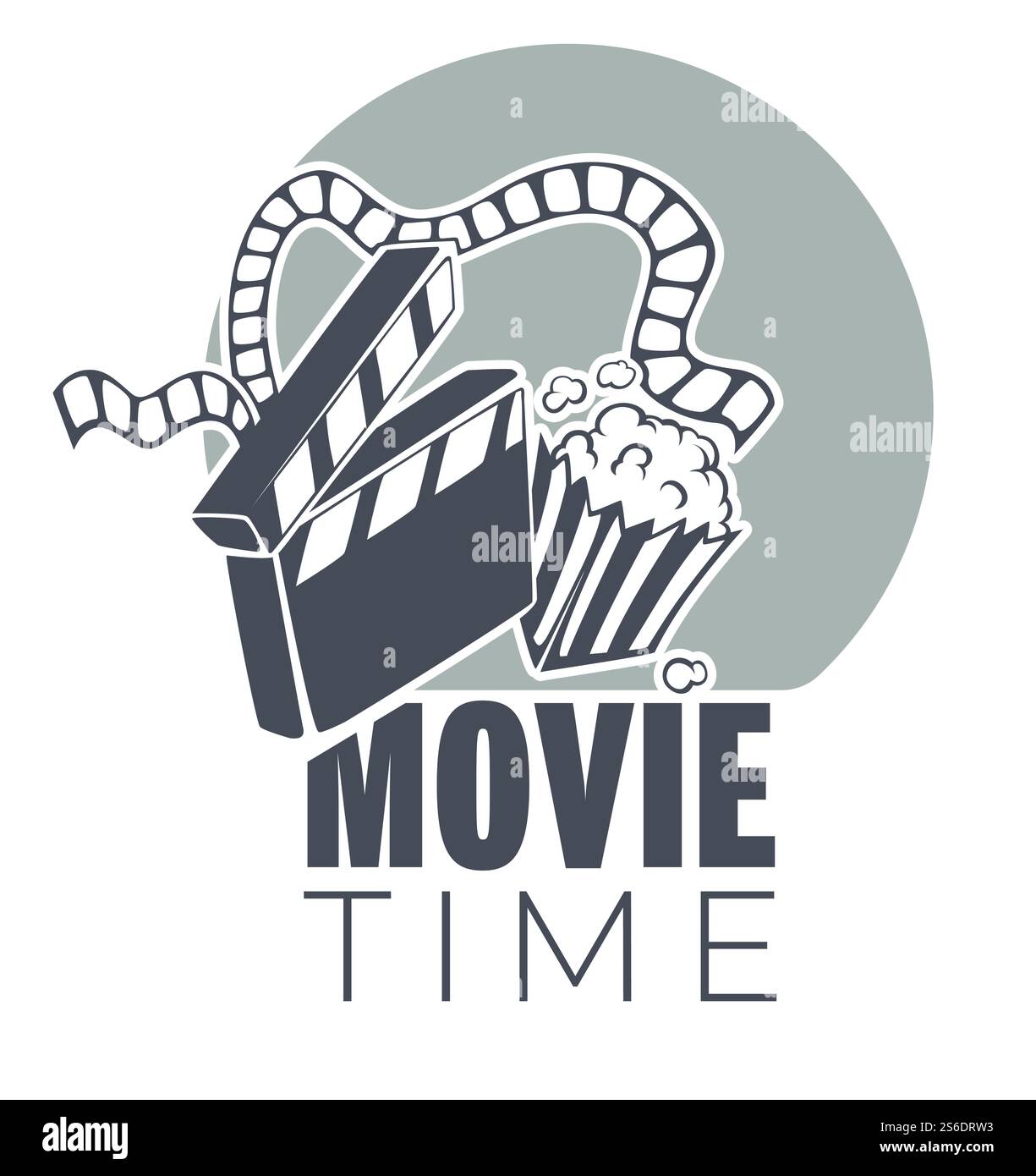 Time to See Movies Label, isoliertes Symbol der Tafel mit Popcorn und Rolle. Freizeit des Hobby-Emblems, Ausstrahlung von Filmen im Kino, Filmemacher Industrie. Kinematographie-Vektor in flacher Form. Filmzeit-Emblem, Schalttafel, Rolle und Popcorn Stock Vektor