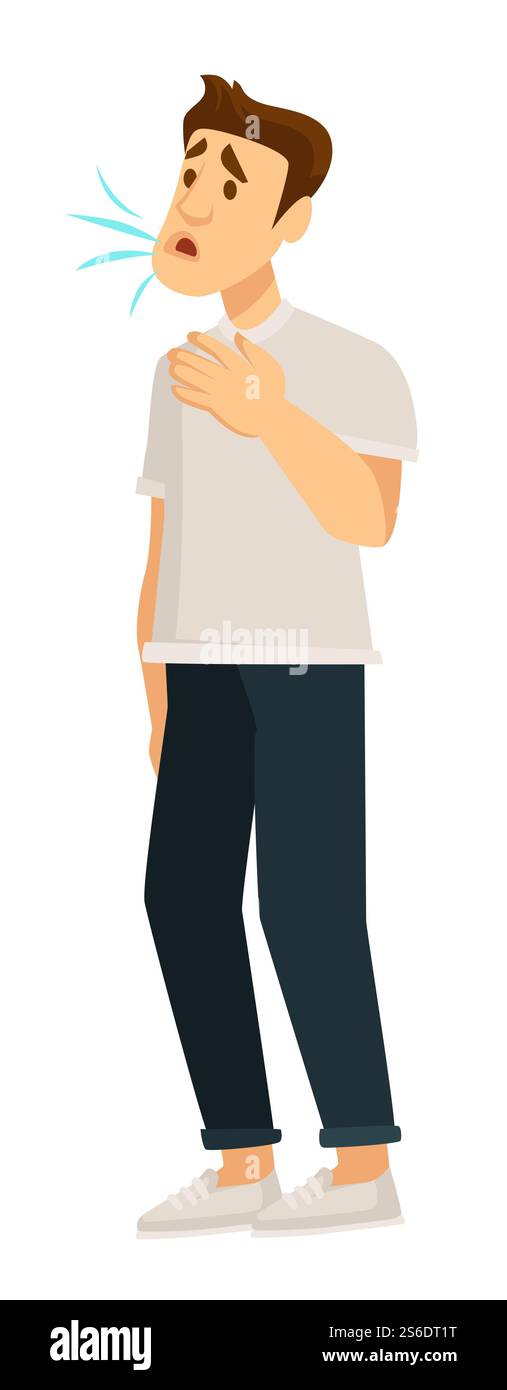Kranker Mann mit Kurzatmigkeit oder Husten, isolierter männlicher Charakter mit Coronavirus-Krankheit. Allergische Persönlichkeit erstickt oder hustet, Asthma bronchiale. Virusausbruch, Vektor in flacher Form. Hustender Mann mit Symptomen des Coronavirus, Viruserkrankung Stock Vektor