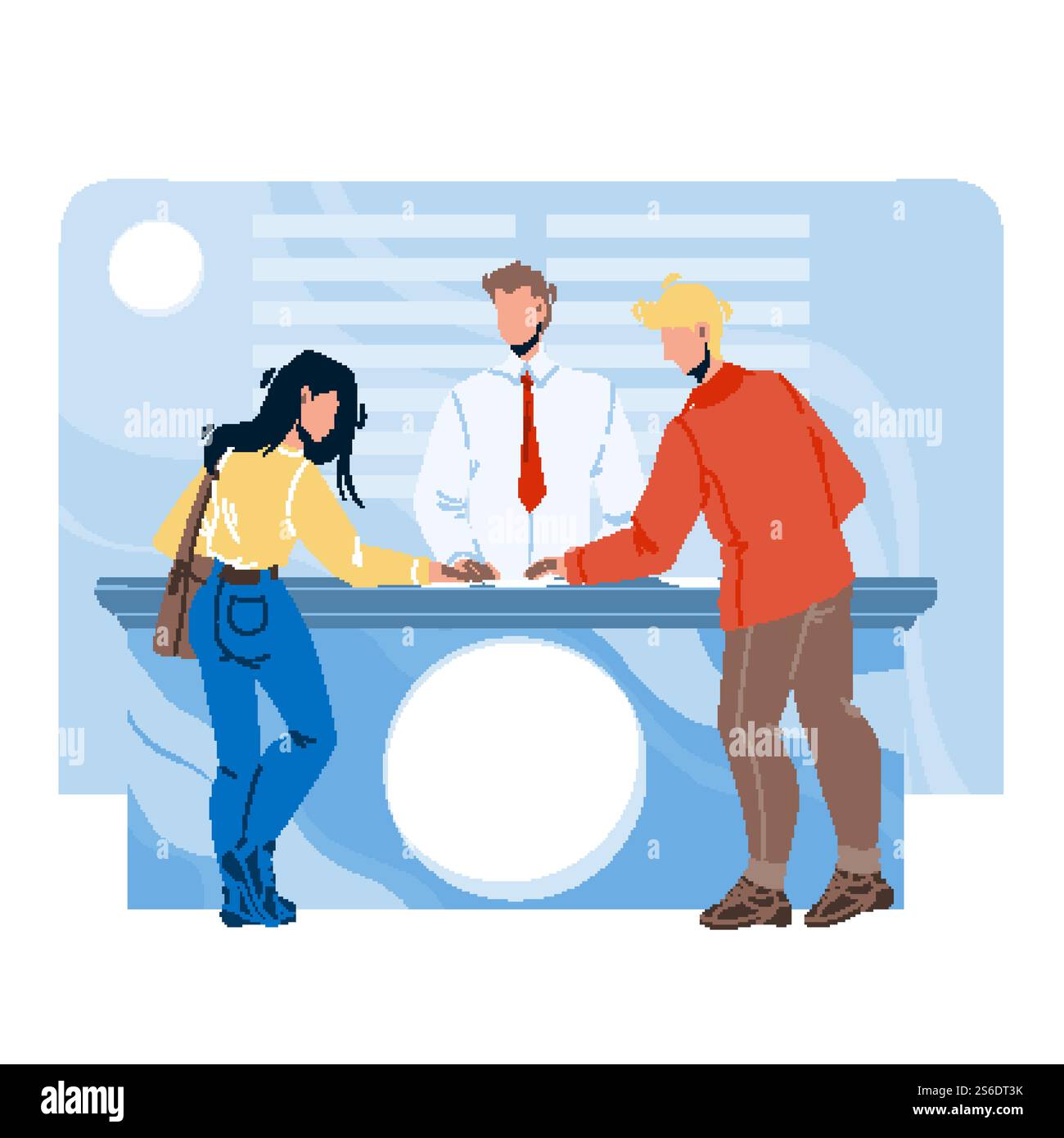 Besucher Des Expo Centers Kommunizieren Mit Staff Vector. Die Kunden Des Expo Center Kommunizieren Mit Dem Worker Manager Am Stand About Exhibit. Zeichentrickzeichnung Für Zeichen. Besucher Des Expo Centers Kommunizieren Mit Staff Vector Stock Vektor