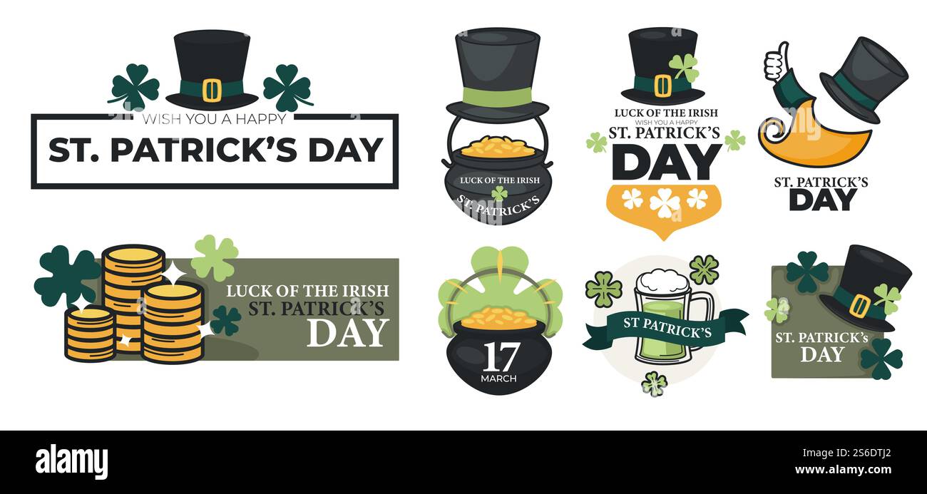 Symbole des traditionellen irischen Feiertags, saint patricks Day im märz. Frühlingsveranstaltung in Großbritannien, Kessel mit goldenen Münzen und Schamrock-Blättern, schwarze große Hüte. Vektor in abgewickelter Form. St. patrick Day, Symbole des irischen Feiertags Stock Vektor