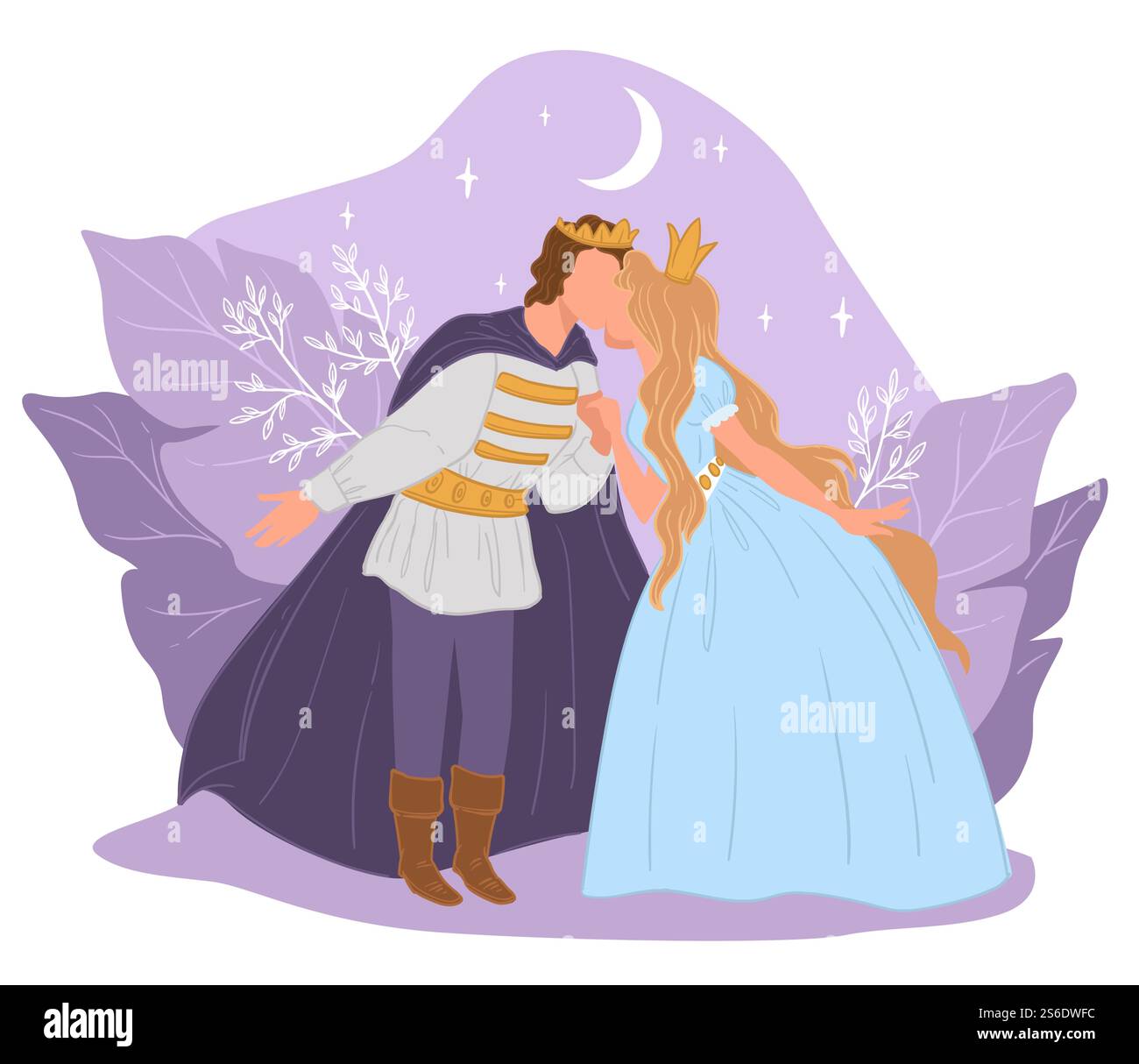 Märchenfiguren bei Mondschein. Prinz küsst Prinzessin, verliebte Menschen in der Fantasy-Zauberwelt. Cartoon oder Romantik von Jungen und Mädchen. Mit Mann und Frau, die Kronen tragen. Vektor in abgewickelter Form. Prinz und Prinzessin küssen sich nachts, Märchen Stock Vektor