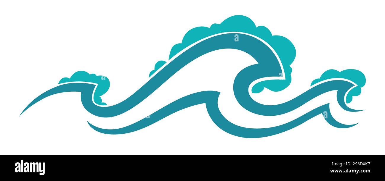 Wellen des Meeres oder Meeres, klares Wasser mit Spritzern. Isolierter Flüssigkeitsfluss, Wasch- und Hygienezeichen. Schwimmen und Extremsport, Marine und nautische Themen. Sturmwetter. Vektor in abgewickelter Form. Wasser, Wellen und Bewegung im Ozean oder Meer Stock Vektor