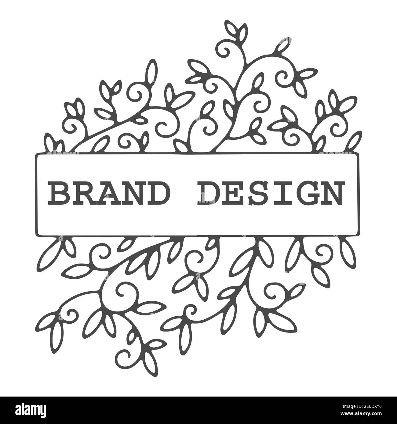 Markenlogo oder Emblem, Logo oder Etikett für das Unternehmen. Isolierte, minimalistische Blumenzweige und Einrichtung. Ordner und Rahmen für den Kopierbereich, bearbeitbarer Text. Farbloses Blumendesign, Vektor in flachem Stil. Farbloses Blumenetikett im Markendesign Stock Vektor