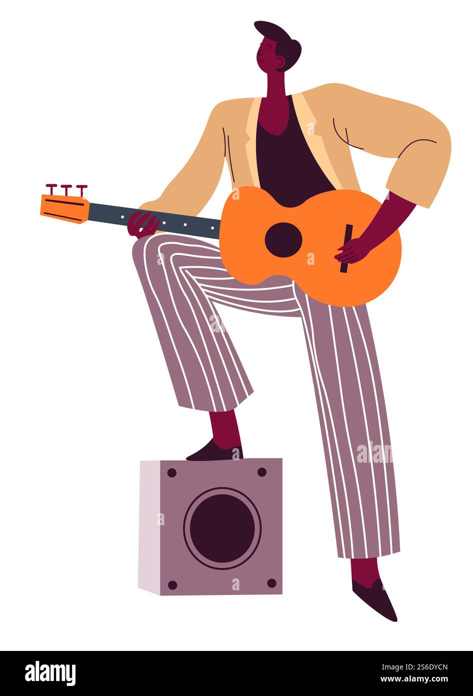 Afro-amerikanischer Musiker mit Gitarre, isolierter männlicher Charaktergitarrist mit Instrument und Lautsprecher und Verstärker. Mitglied der Musikband. Festival oder Konzertprobe. Vektor in abgewickelter Form. Gitarrist mit Akustikgitarre, Flamenco-Spieler spielt Instrument Stock Vektor
