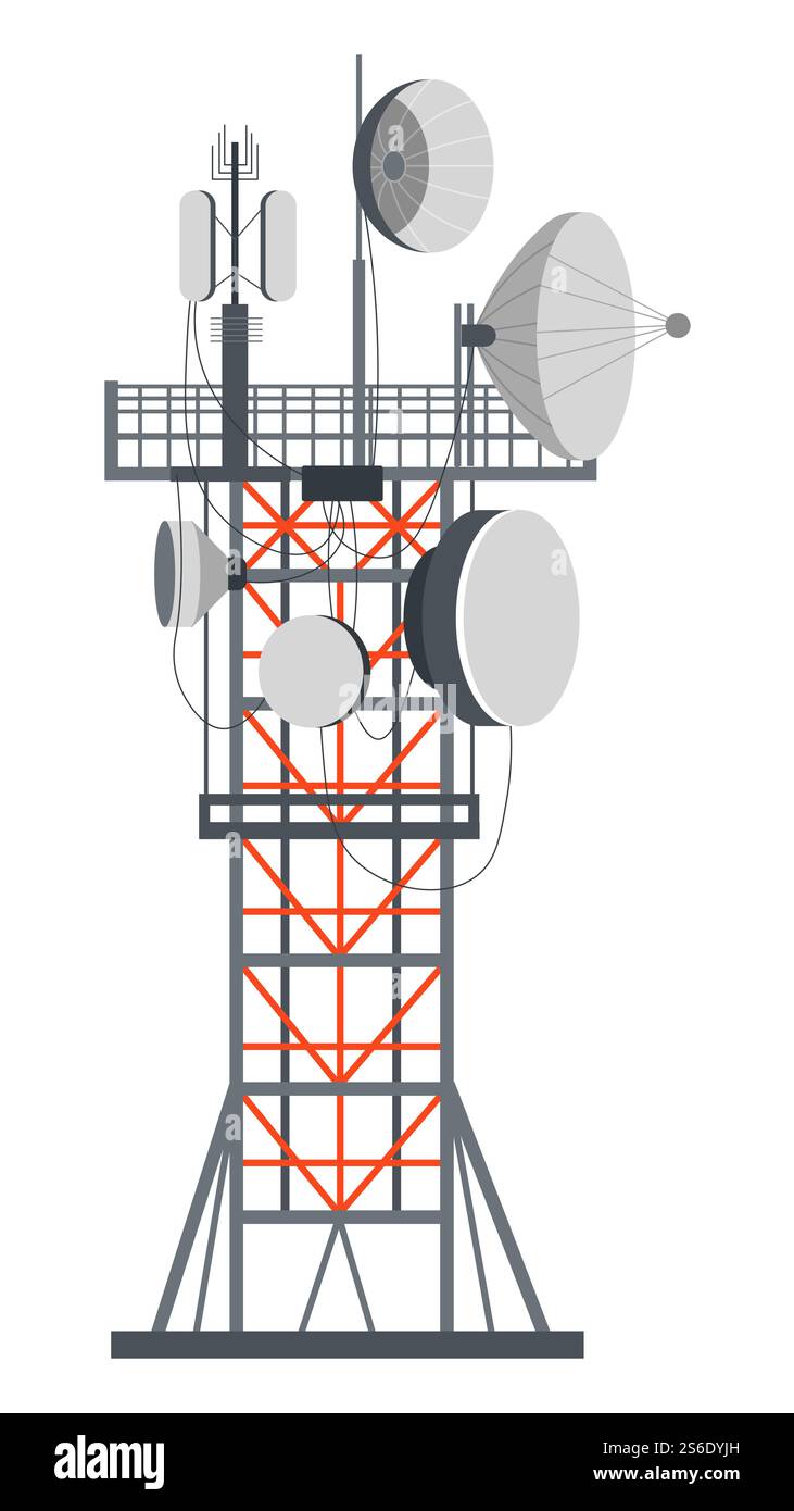 Anschlussstation mit Schalen, isolierte Stahlturmkonstruktion mit Kabeln und Drähten. Empfänger von Signalen, Datensendern, Antennen oder Telekommunikationsgeräten. Vektor in abgewickelter Form. Turm mit Geschirr, Internet oder tv-Signalsystem Stock Vektor