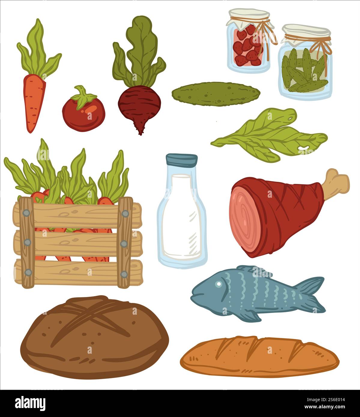 Gemüse und Fleisch, Brot und Konserven im Glas. Bio-Gemüse, Karotten und Rote Bete, Gurke und Salatblatt. Fisch und frische Milch. Ikonen natürlicher Lebensmittelprodukte. Vektor in abgewickelter Form. Bio- und Naturkost, Gemüse und Fleisch Stock Vektor