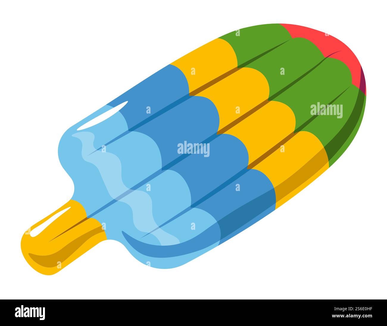 Entspannung und Erholung im Sommer, aufblasbare Matratze in Form von farbenfrohem Eis. Ballon zum Schwimmen und Schwimmen auf der Wasseroberfläche. Spielzeug aus Gummi. Isoliertes Symbol, Vektor in abgewickelter Form. Aufblasbare Matratze für Sommer am Meer oder am Pool Stock Vektor