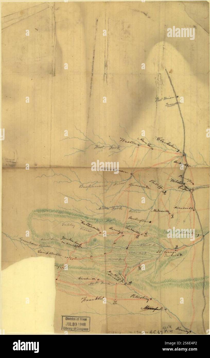 (Karte eines Teils des östlichen West Virginia, von Romney nach Westen bis Clarksburg, zentriert auf der Rich Mountain Battle Area). 1861 Stockfoto
