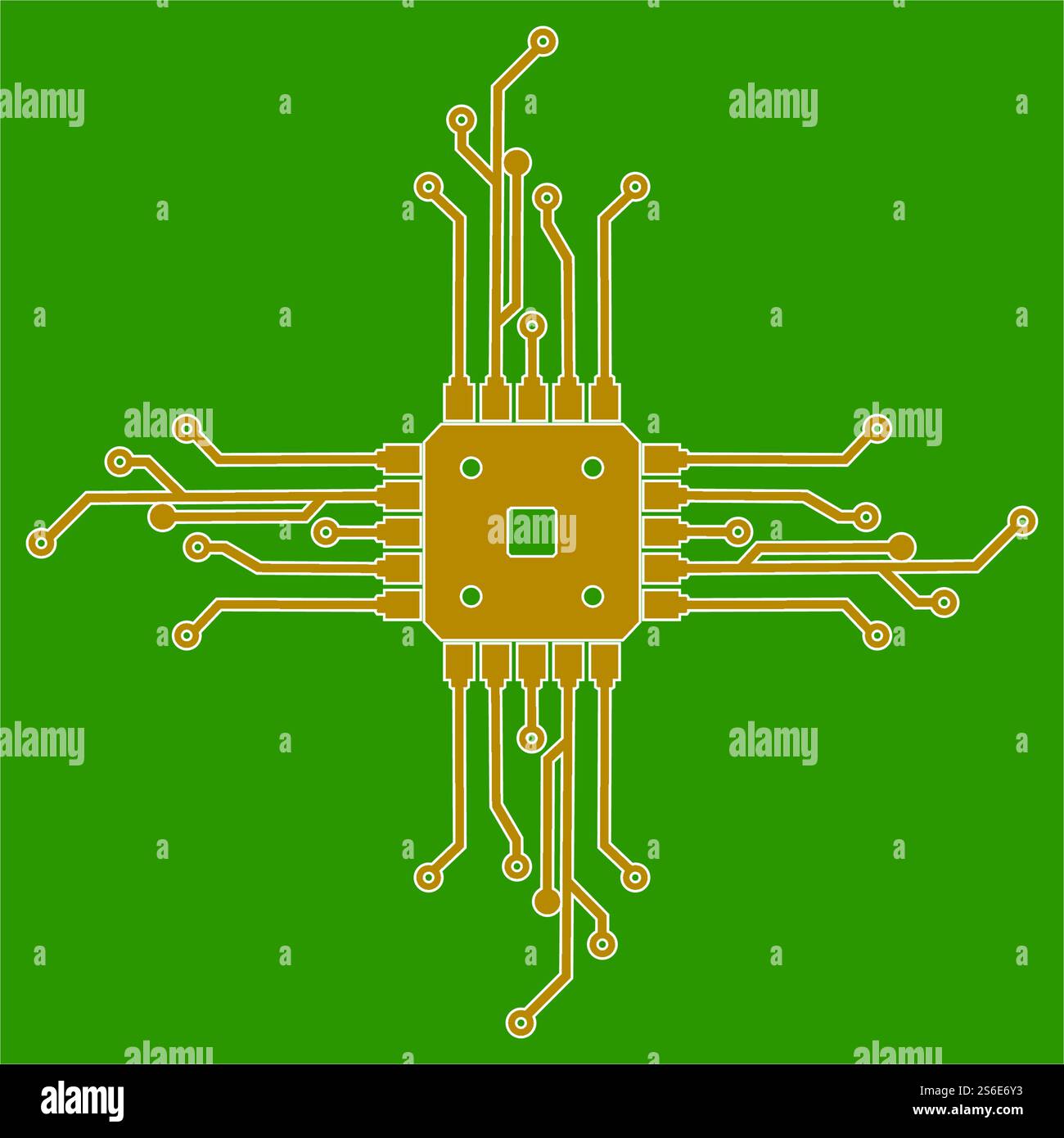 Flache Mikroelektronik-Schaltungen. Leiterplattenvektor, grüner Hintergrund. Stock Vektor
