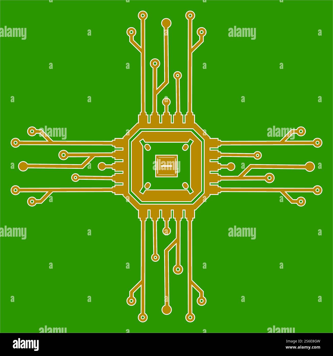 Flache Mikroelektronik-Schaltungen. Leiterplattenvektor, grüner Hintergrund. Stock Vektor