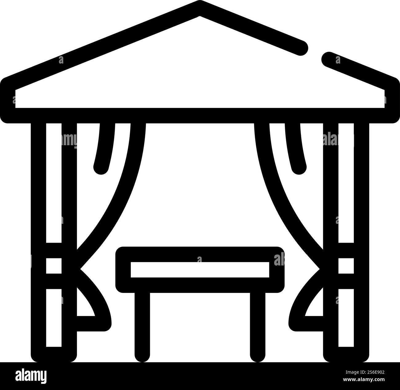 Zelt mit Tisch für Essenslinie Symbol Vektor. Zelt mit Tisch zum Essen Schild. Schwarze Abbildung des isolierten Kontursymbols. Zelt mit Tisch für Essenslinie Symbol Vektor Illustration Stock Vektor